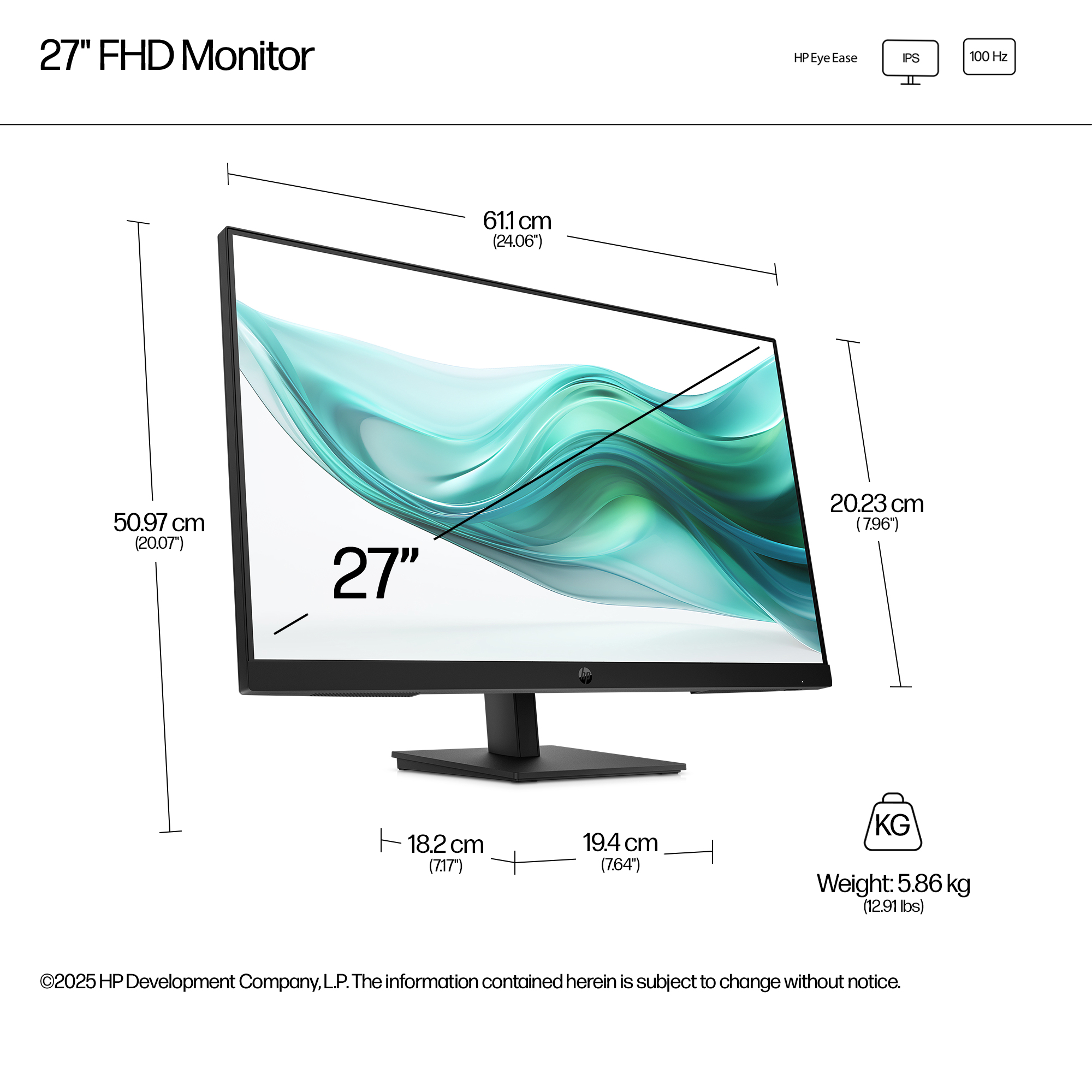Un monitor FHD da 27 pollici con dimensioni etichettate. Lo schermo mostra un design astratto color turchese. Ha un supporto e dettagli sul peso.