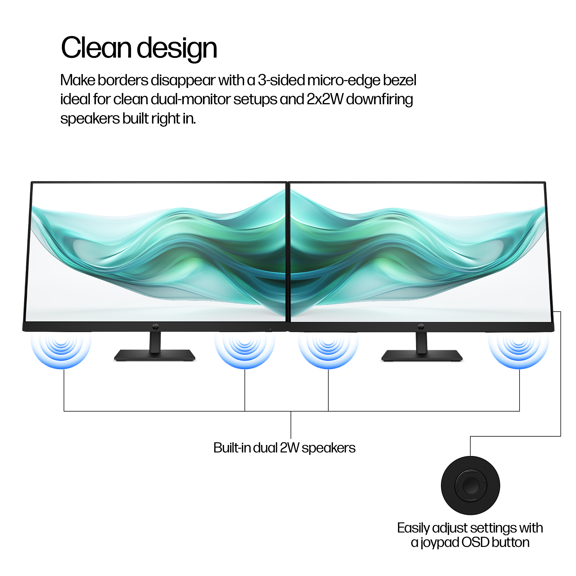 Due monitor mostrano un design a onda verde. Sono presenti anche altoparlanti e un pulsante joystick. Il testo descrive le funzionalità.