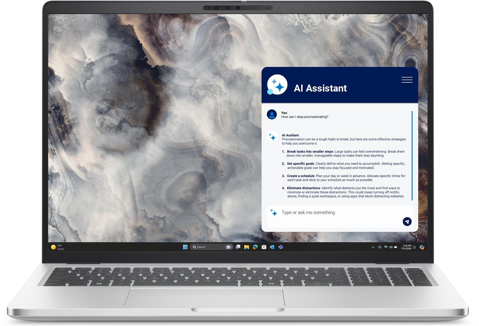 Laptop wyświetla okno Asystenta AI z poradami dotyczącymi pokonywania prokrastynacji. Tło to wzór marmuru.