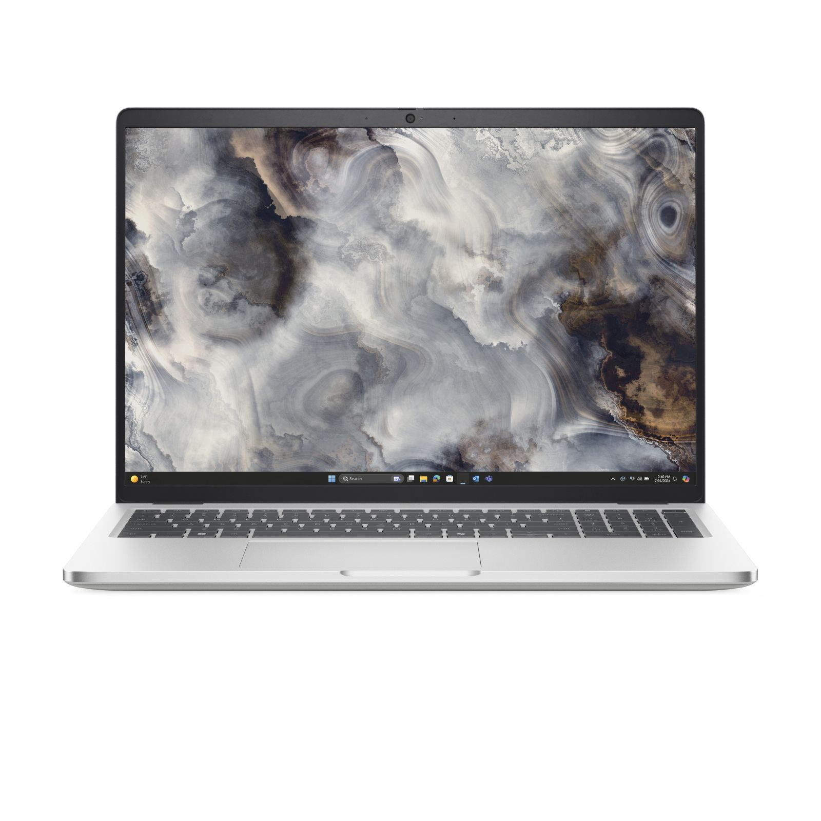 Srebrny laptop jest otwarty na białej powierzchni. Ekran wyświetla chmurny, abstrakcyjny wzór. Klawiatura jest widoczna.