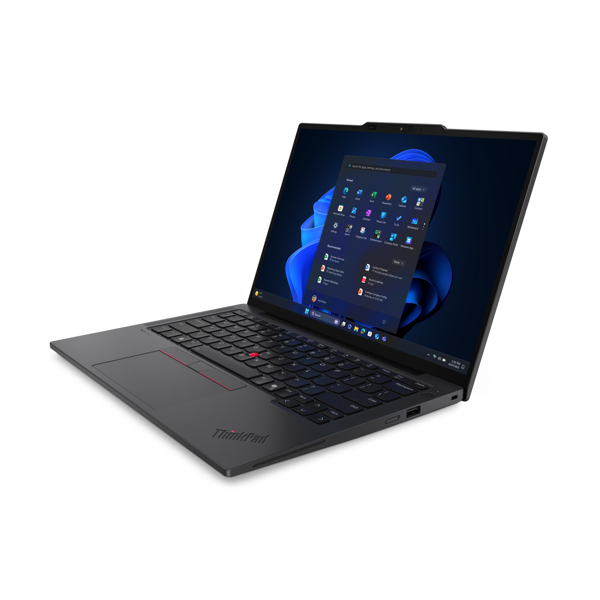 Czarny laptop ThinkPad jest otwarty, wyświetlając interfejs Windows 11. Ekran pokazuje ikony aplikacji. Klawiatura jest widoczna.