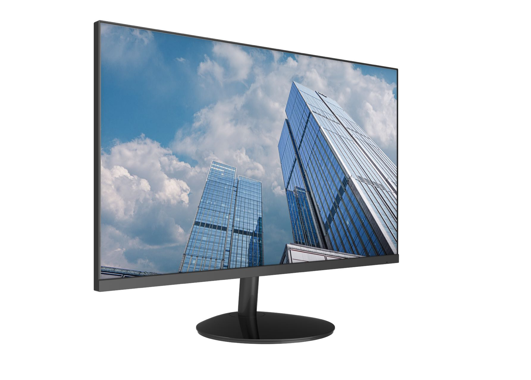 Un monitor di computer mostra una vista di grattacieli moderni contro un cielo blu nuvoloso. Il monitor ha una cornice e un supporto neri.