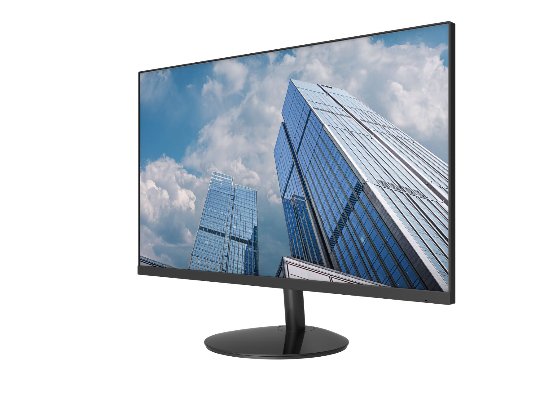 Un monitor di computer mostra grattacieli contro un cielo nuvoloso. Il monitor ha una cornice e un supporto neri, isolati su bianco.