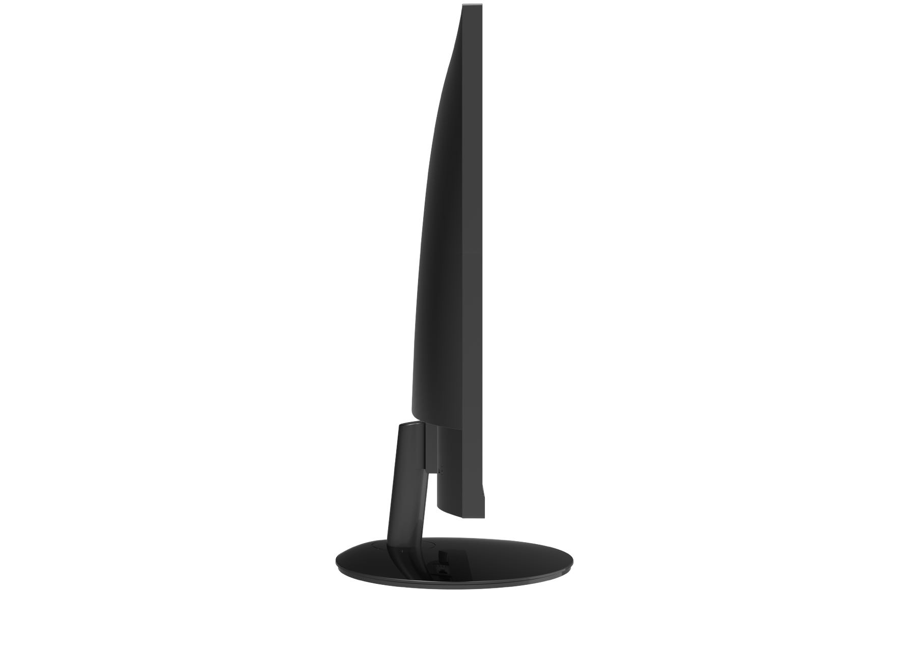 Un monitor di computer nero è visto di profilo. Ha una cornice sottile e una base rotonda. Lo sfondo è bianco.