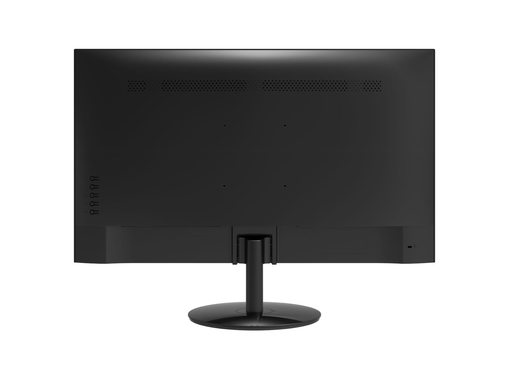Un monitor per computer nero, vista posteriore, con supporto. Dispone di più porte di connessione e fori di ventilazione.