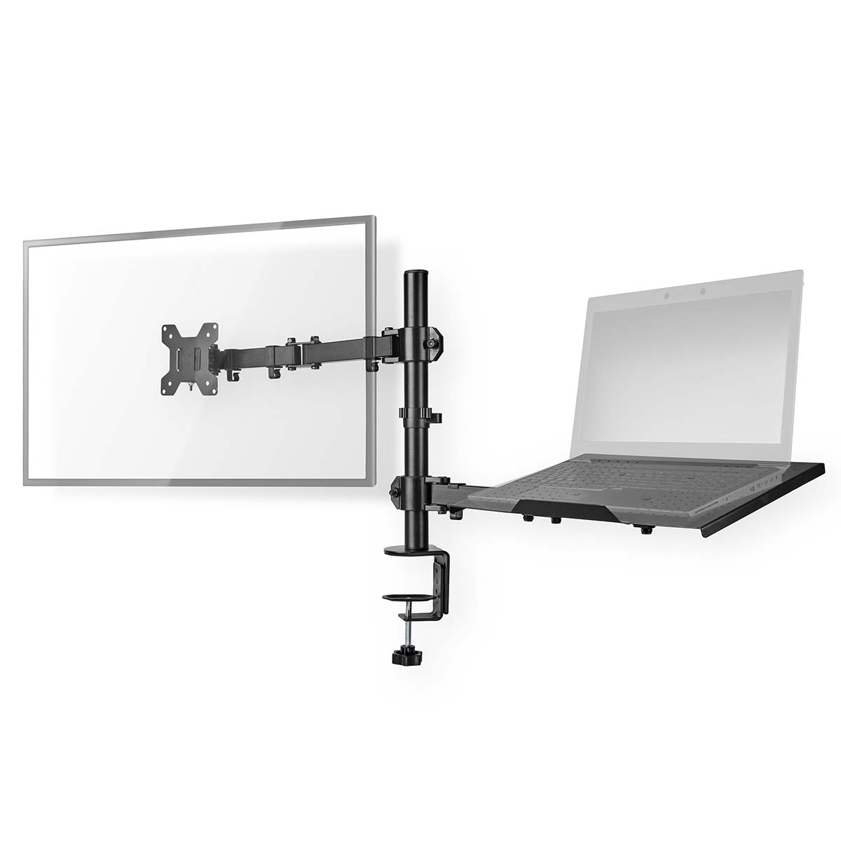Eine schwarze Monitor- und Laptop-Halterung. Ein Laptop befindet sich rechts, und ein leerer Monitor befindet sich links. Die Halterung ist an einer Klemme befestigt.