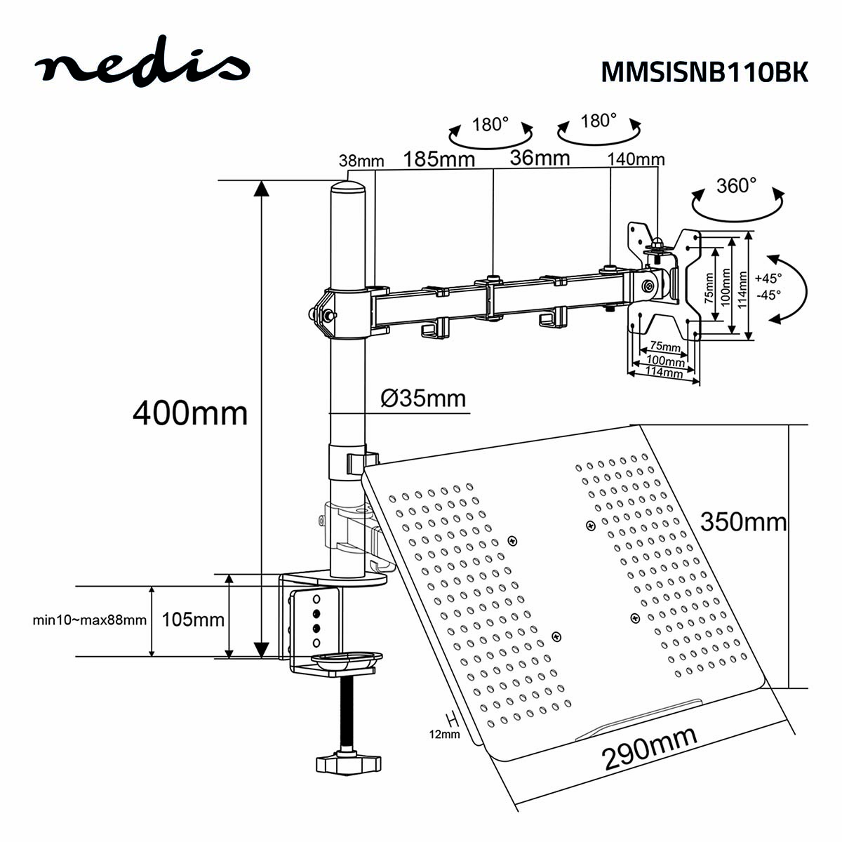 Diagramm eines Monitorständers mit Abmessungen, Winkeln und Spezifikationen, einschließlich Markenname und Produktcode.