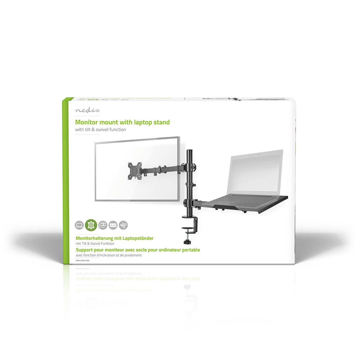Die Box zeigt eine Monitorhalterung mit Laptop-Ständer. Sie hat einen Monitor, Laptop und Halterung mit Neige- und Schwenkfunktion.