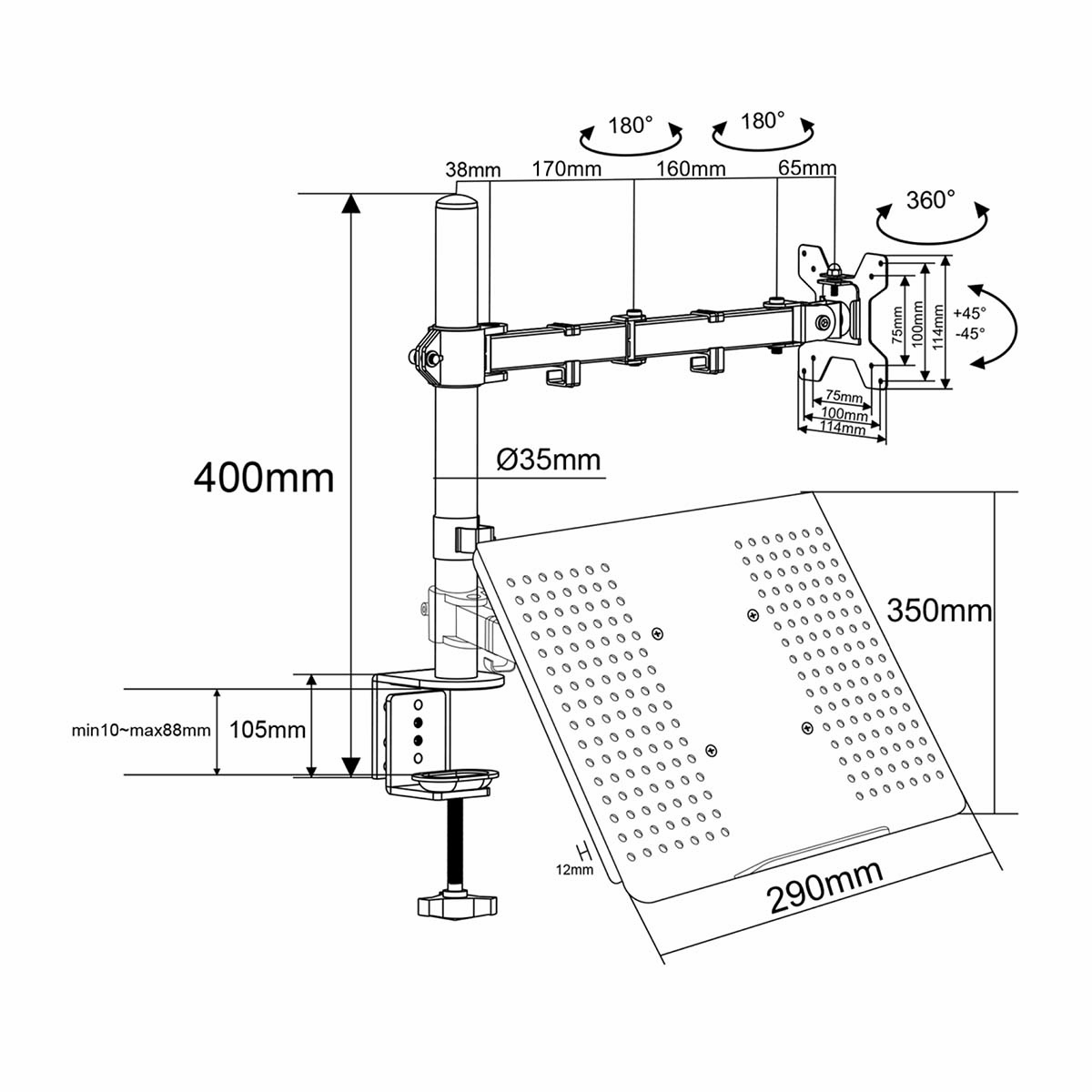Diagramm eines Monitorarms mit Abmessungen. Zeigt Maße in mm, Winkel und eine perforierte Plattform für einen Monitor.