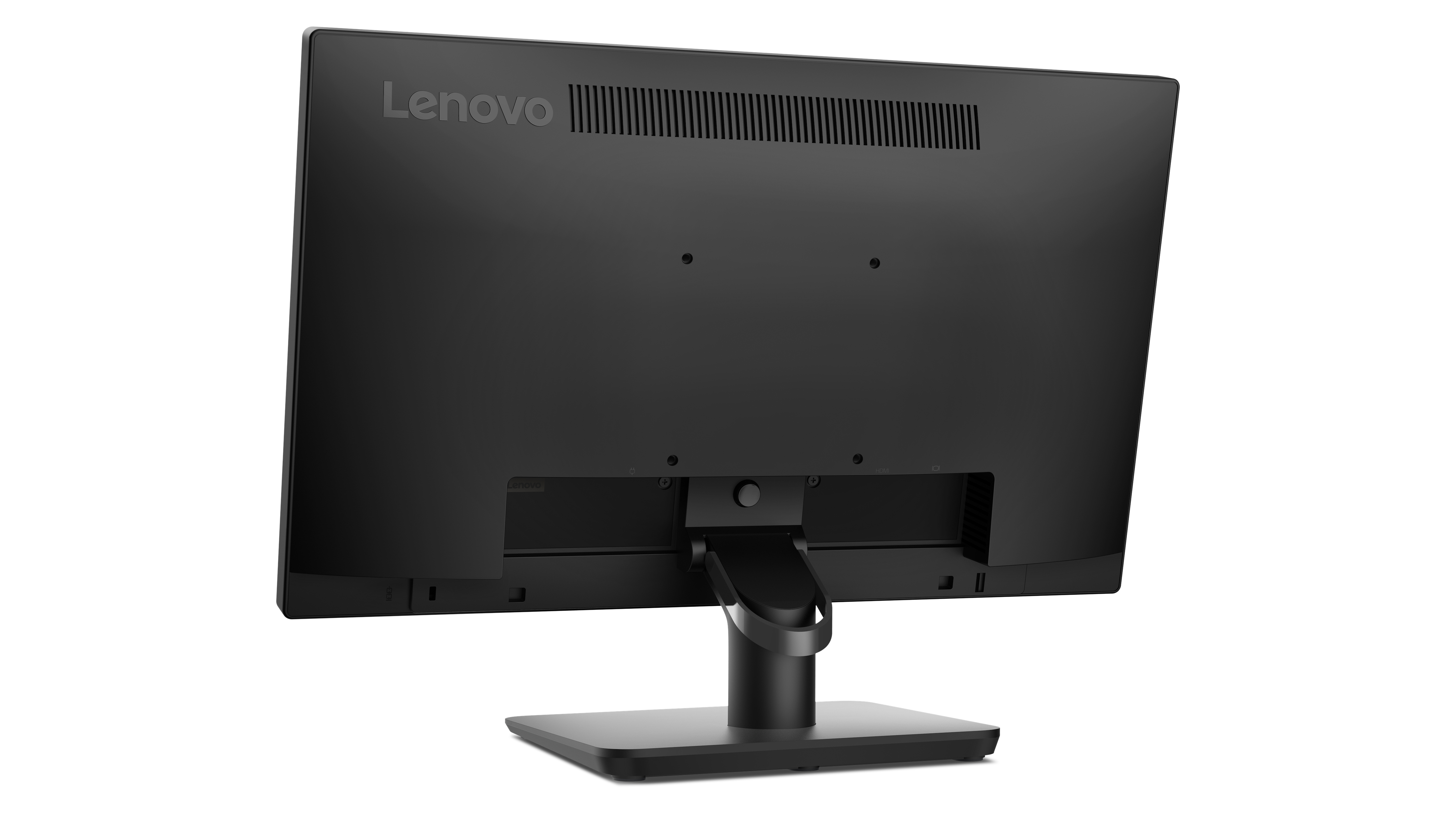 Widok z tyłu czarnego monitora Lenovo. Ma podstawkę i porty na dole. Widoczne logo Lenovo.