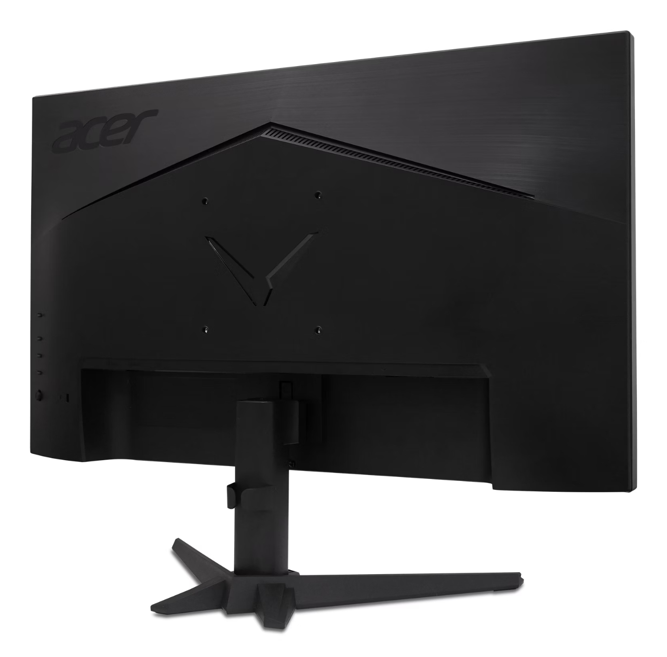 Rückansicht des schwarzen Acer-Monitors. Der Ständer trägt den Bildschirm. Acer-Logo sichtbar. Der Monitor steht vor weißem Hintergrund.