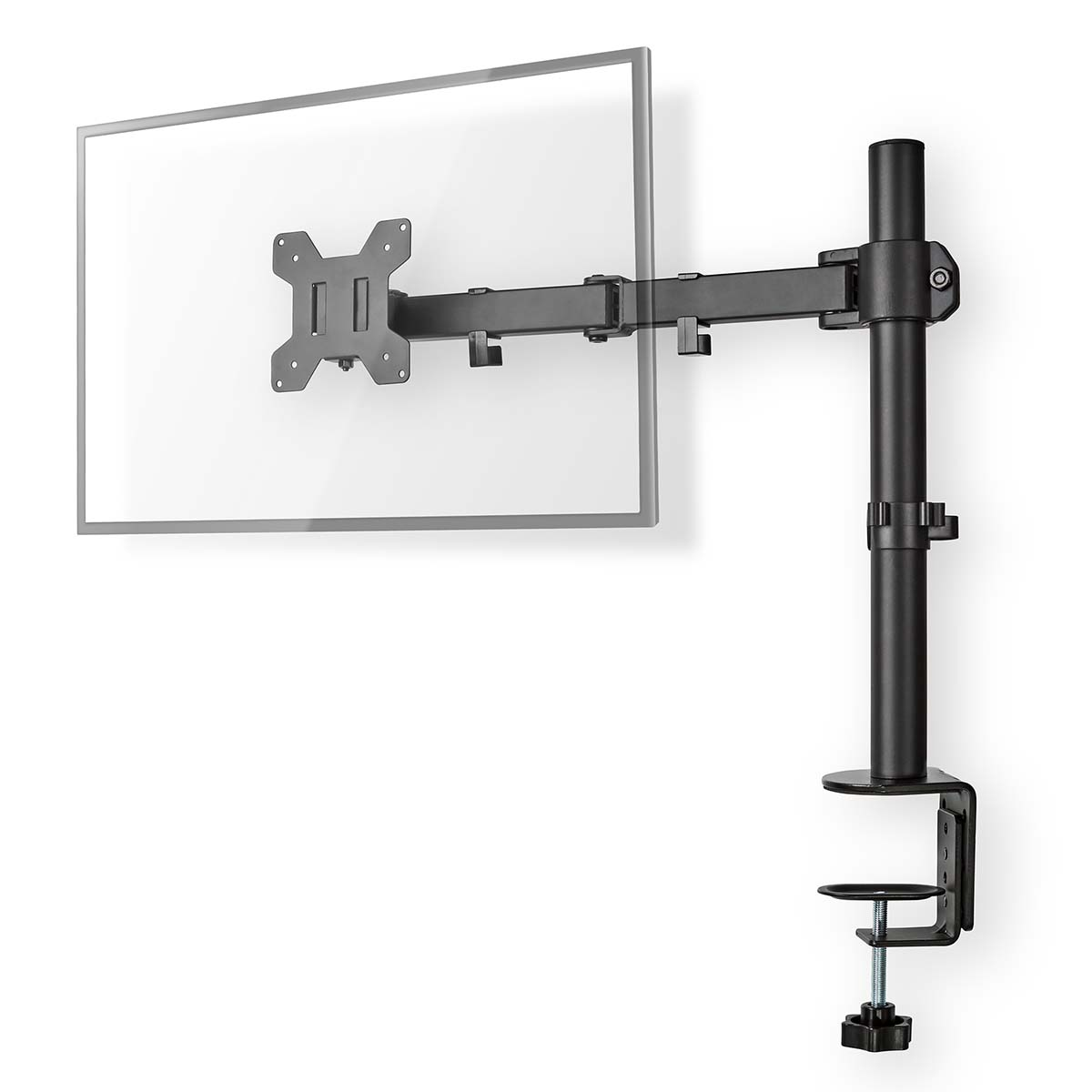 Een zwarte monitorarm met een aangesloten scherm op een witte achtergrond. De arm is aan een klem bevestigd.