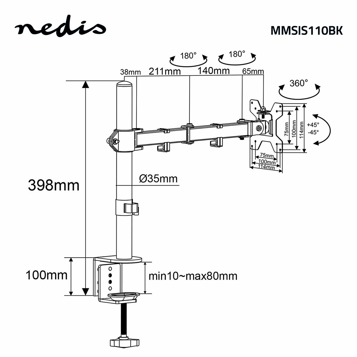Diagram van een zwarte monitorbeugel met afmetingen en hoeken, waaronder 398 mm, 100 mm en een bereik van min10~max80 mm.