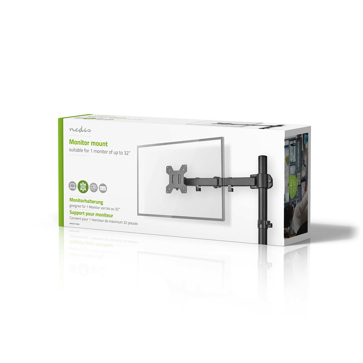 Een monitorbeugel doos. Het toont een monitorbeugel geschikt voor een 32-inch monitor. De doos is wit en groen. De merknaam is 'nedis'.