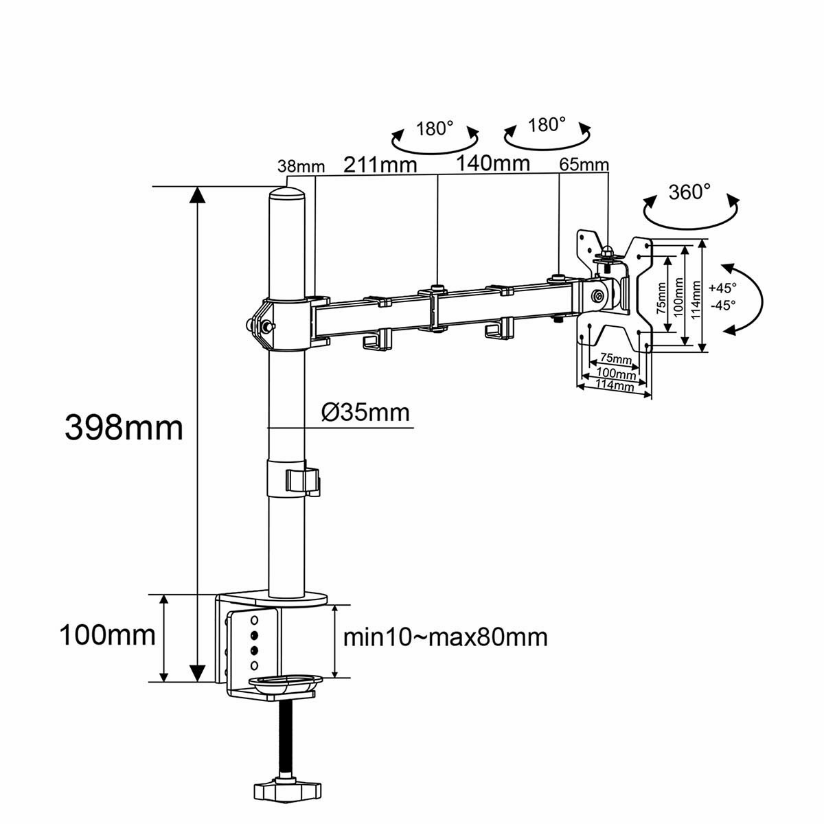 Diagram van een monitorbevestiging, met afmetingen en rotatiegraden. Bevat metingen zoals 398 mm, Ø35 mm en hoeken van 180 en 360 graden.