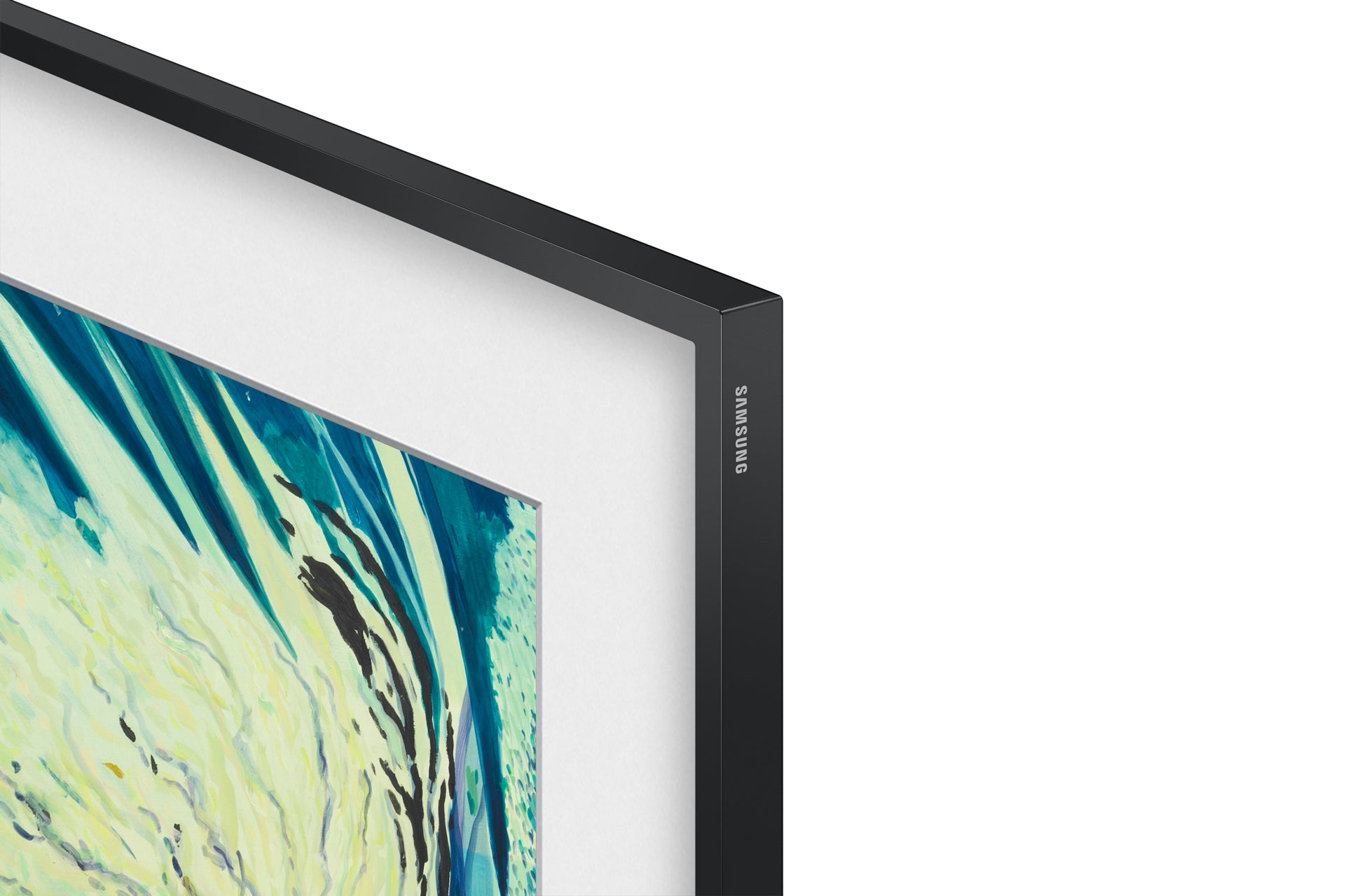 Zbliżenie telewizora Samsung Frame. Ekran wyświetla obraz z niebieskimi, zielonymi i żółtymi pociągnięciami pędzla. Rama jest czarna z napisem SAMSUNG.