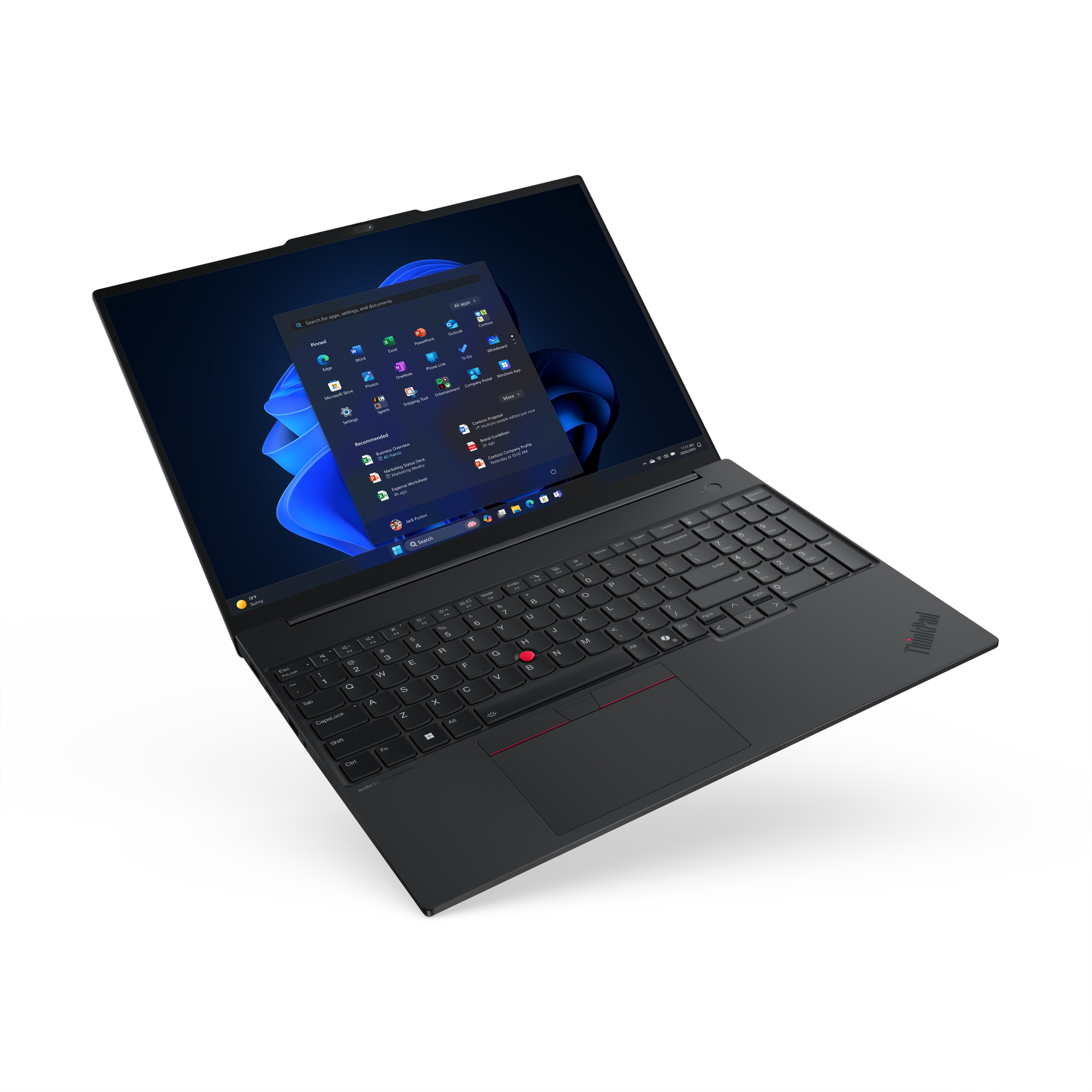 Czarny laptop z otwartym ekranem, wyświetlający aplikacje. Widoczna klawiatura, logo ThinkPad po prawej.