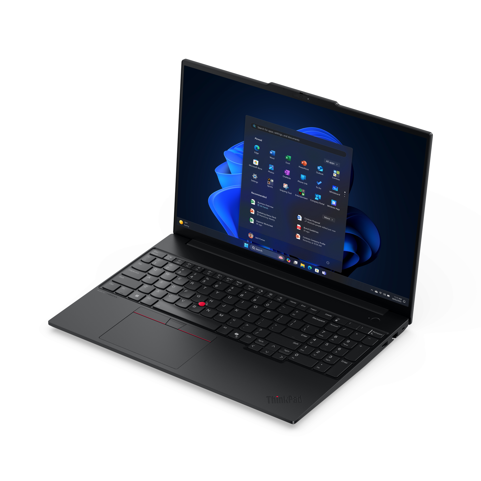 Czarny laptop ThinkPad, otwarty, wyświetlający menu startowe Windows. Ekran pokazuje ikony aplikacji i pasek wyszukiwania. Białe tło.