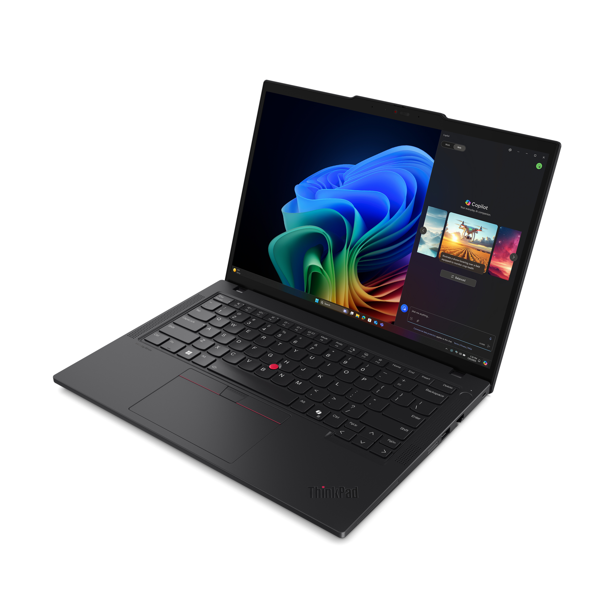 Czarny laptop ThinkPad otwarty, z interfejsem Copilot i pulpitem Windows, pod kątem na białym tle.