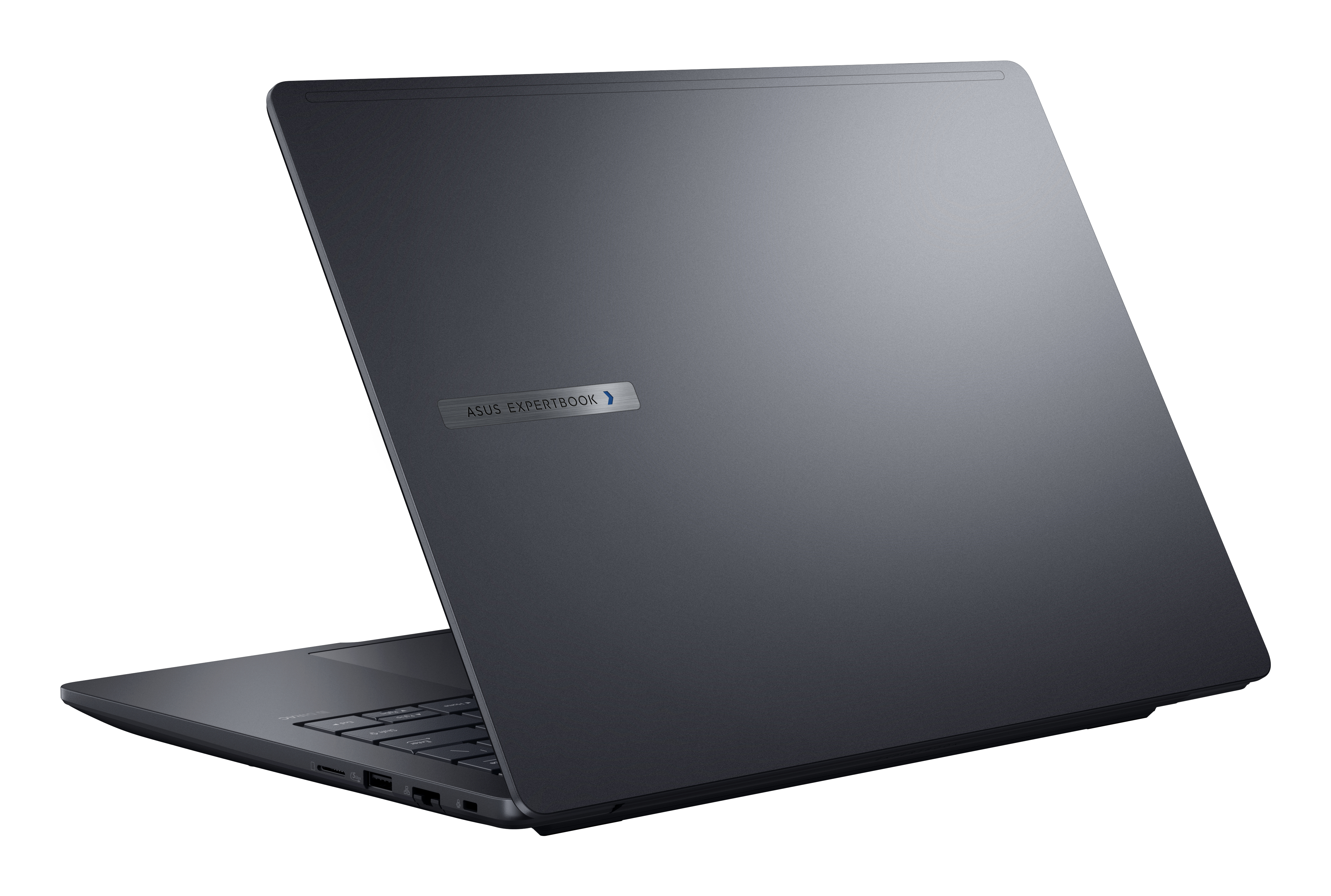 Ciemnoszary laptop lekko otwarty na białym tle. Logo ASUS Expertbook widoczne na pokrywie.