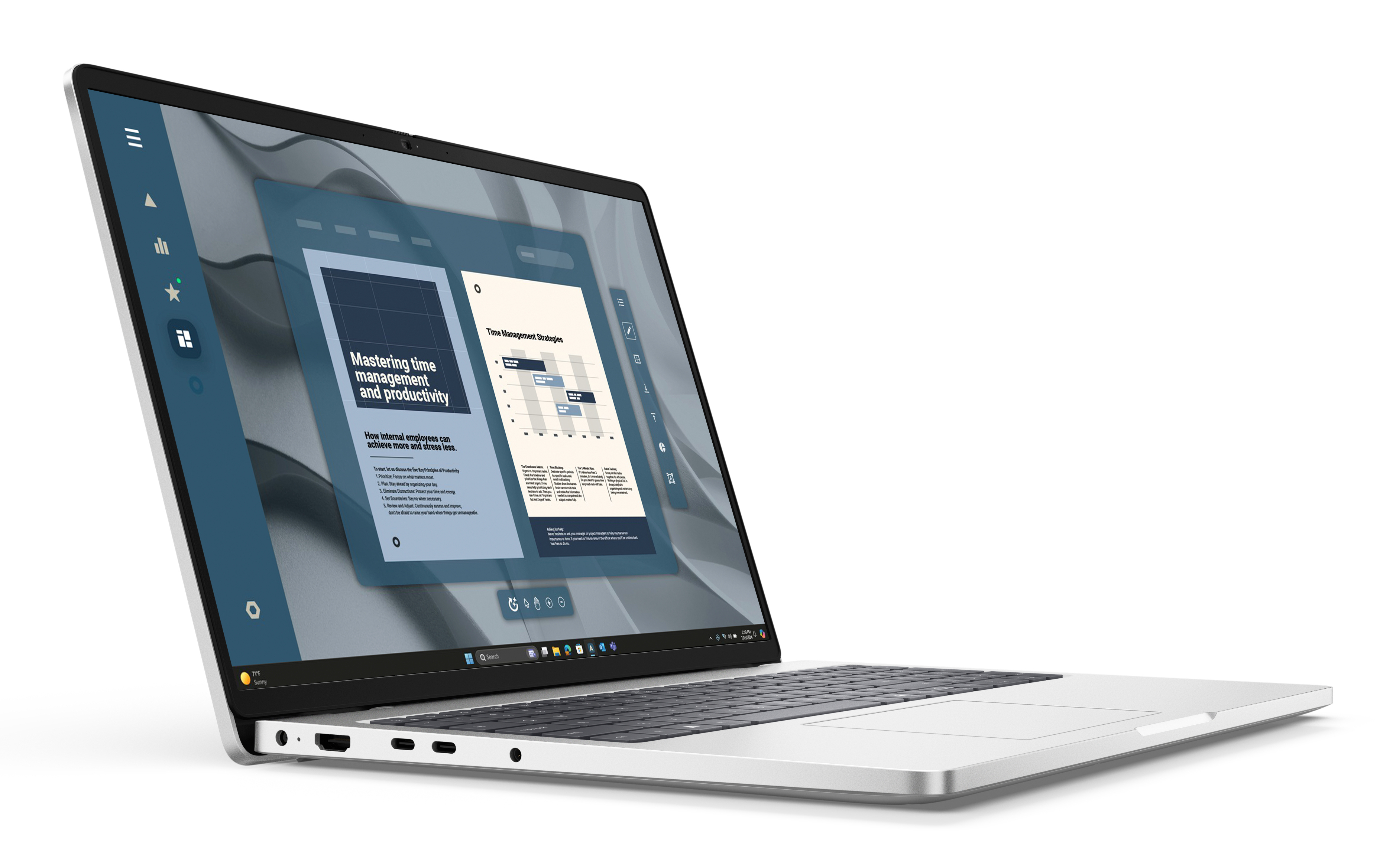 Laptop z prezentacją o zarządzaniu czasem. Srebrny, czarna klawiatura, białe tło.