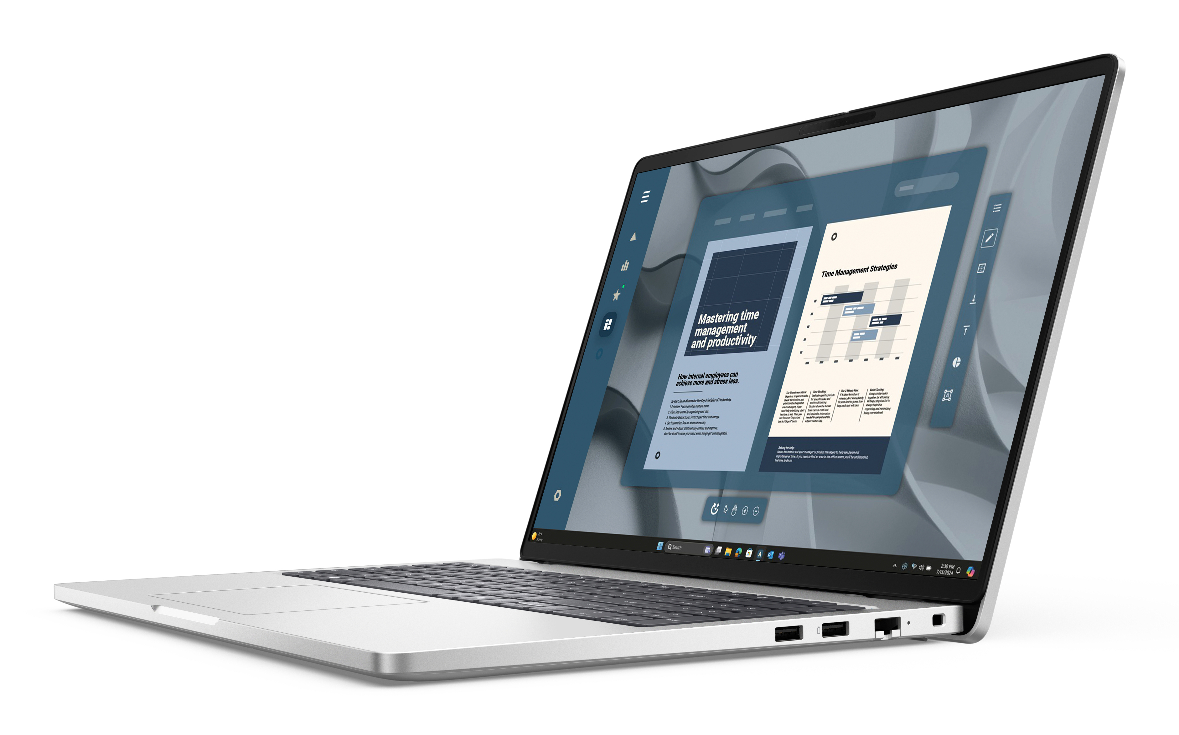 Srebrny laptop wyświetlający prezentację dotyczącą zarządzania czasem. Ekran pokazuje tekst i wykresy dotyczące produktywności.