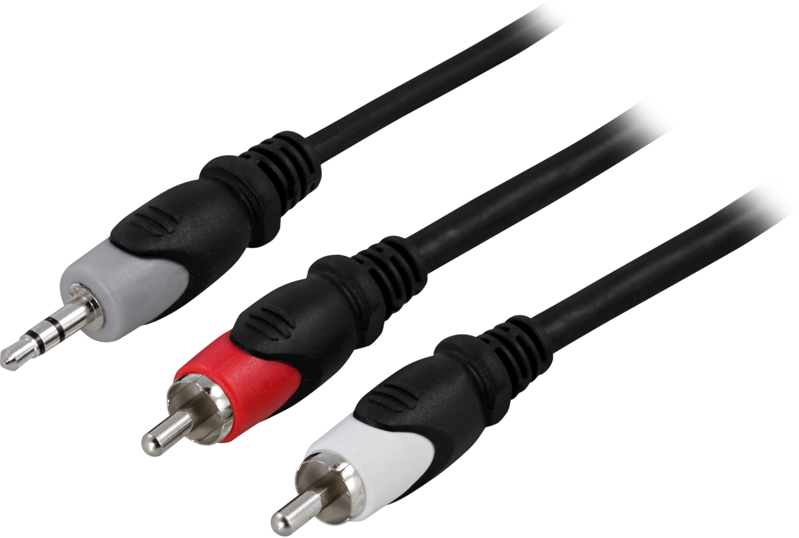 Three audio cables with black bodies and different connector types: 3.5mm jack, red and white RCA connectors.