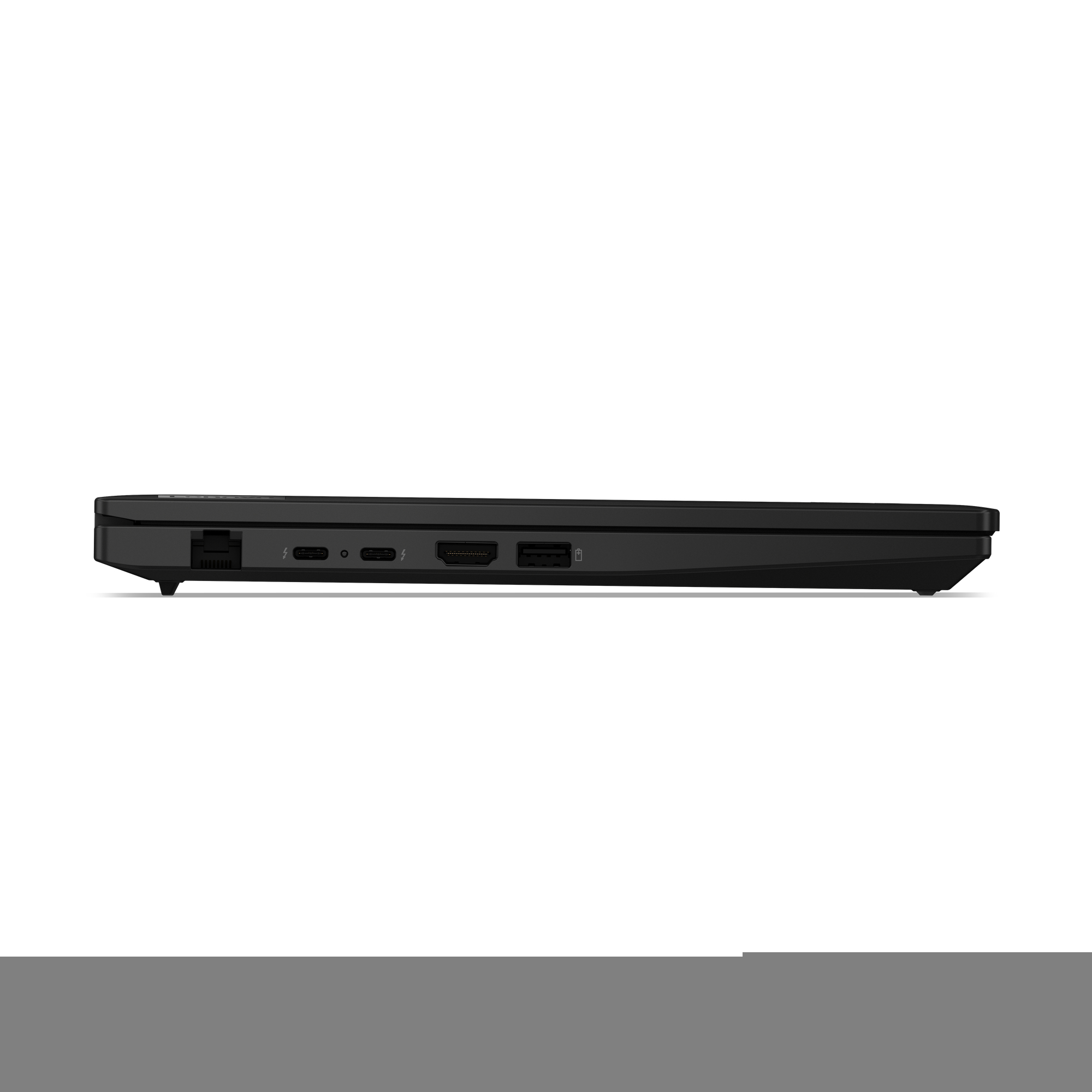 Widok z boku czarnego laptopa z portami. Zawiera porty USB, HDMI i Thunderbolt. Laptop jest na białym tle.
