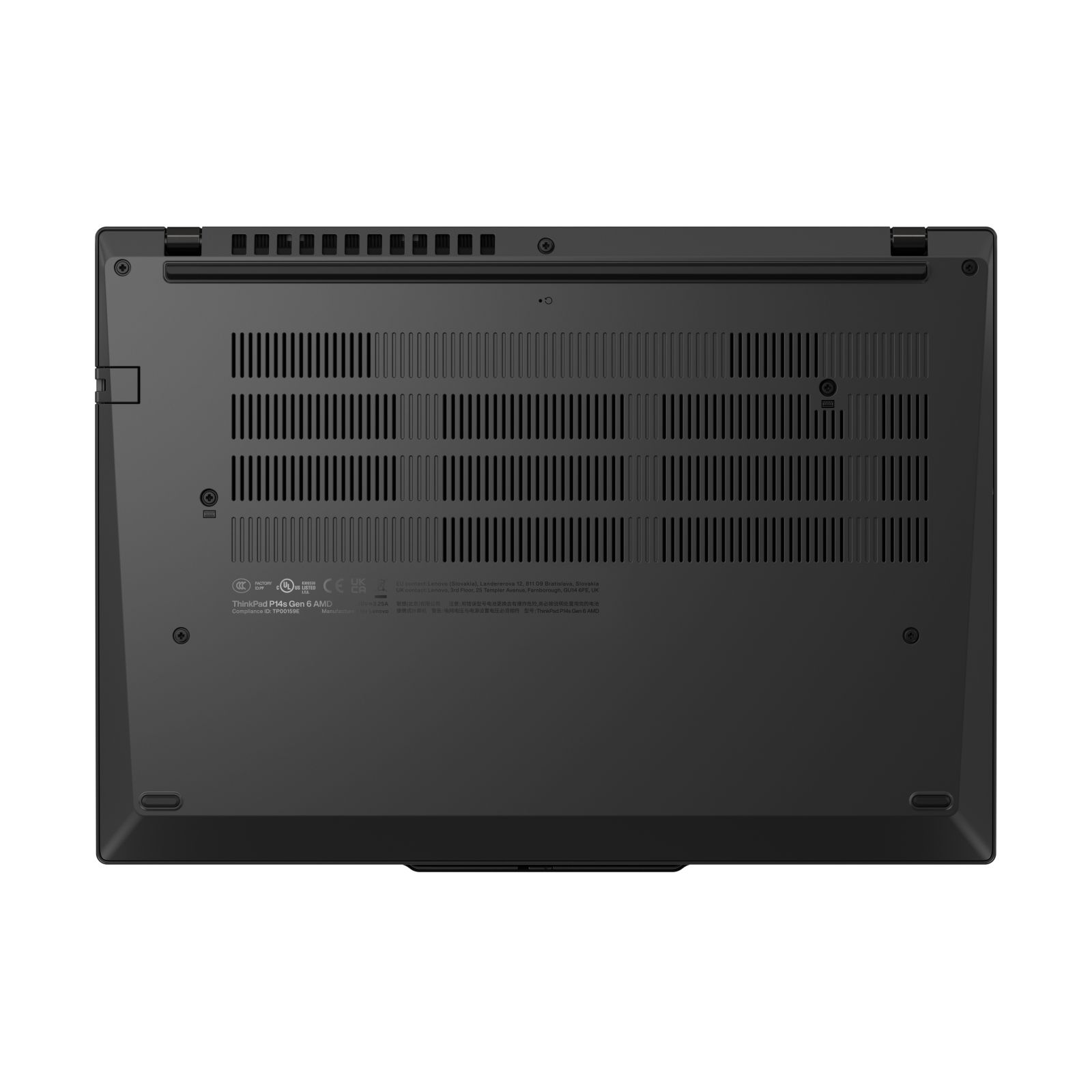Spód czarnego laptopa ThinkPad P14s Gen 6 AMD z otworami wentylacyjnymi, śrubami i etykietami.
