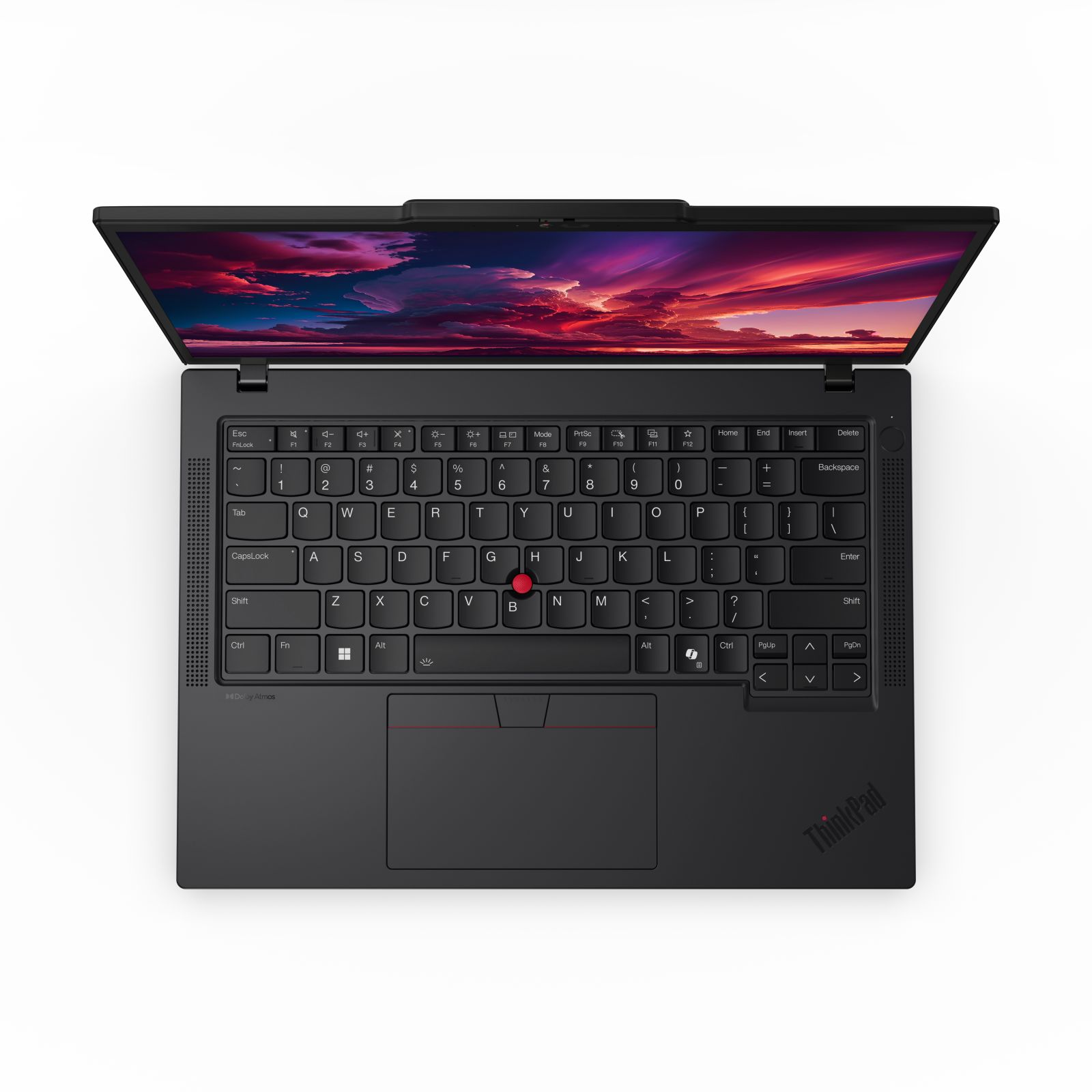 Czarny laptop ThinkPad, widok z góry, otwarty. Widoczna klawiatura i touchpad. Ekran wyświetla kolorowe niebo.
