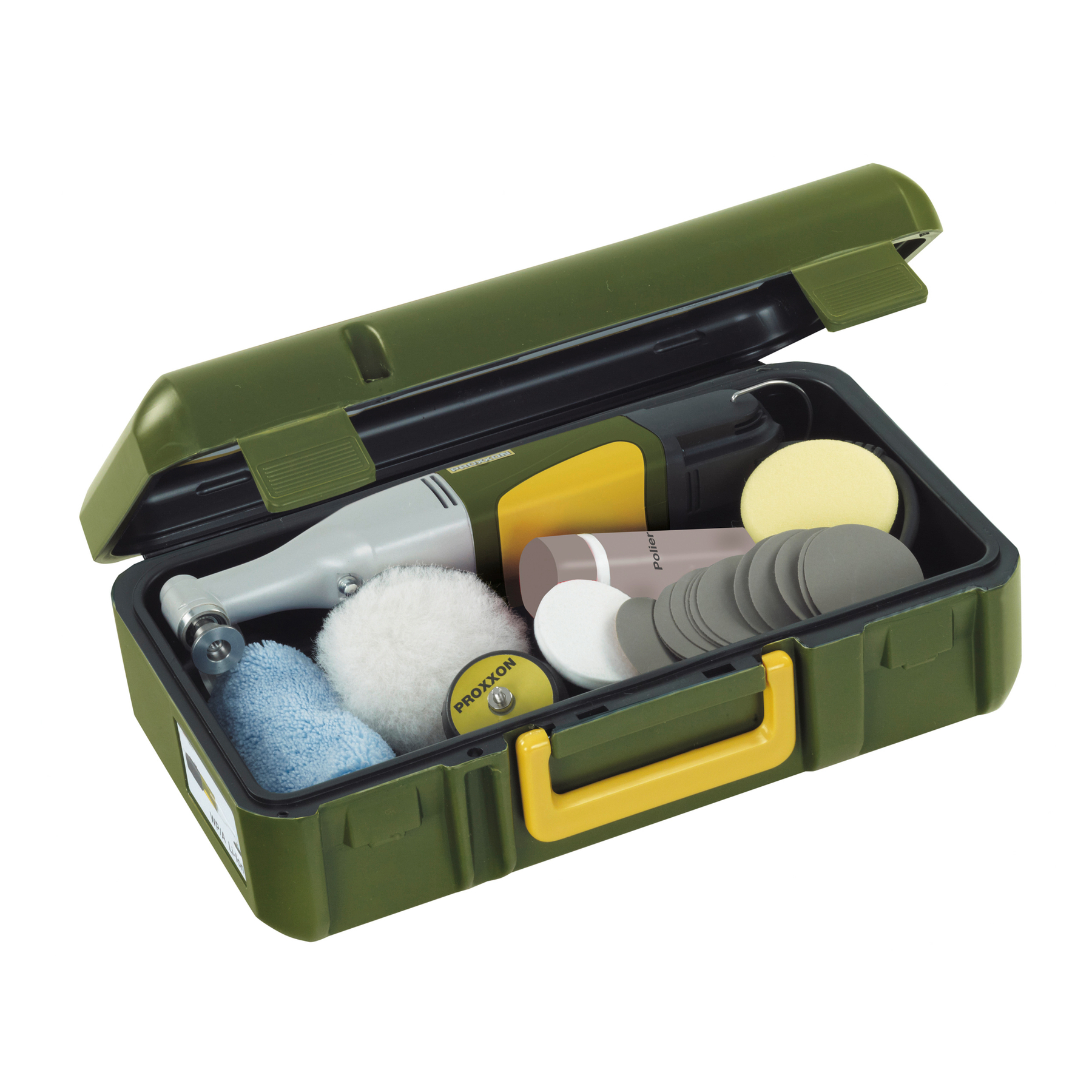 Otwarta zielona skrzynka narzędziowa, zawierająca polerkę, pady i ściereczki. Widoczny żółty uchwyt i etykiety.