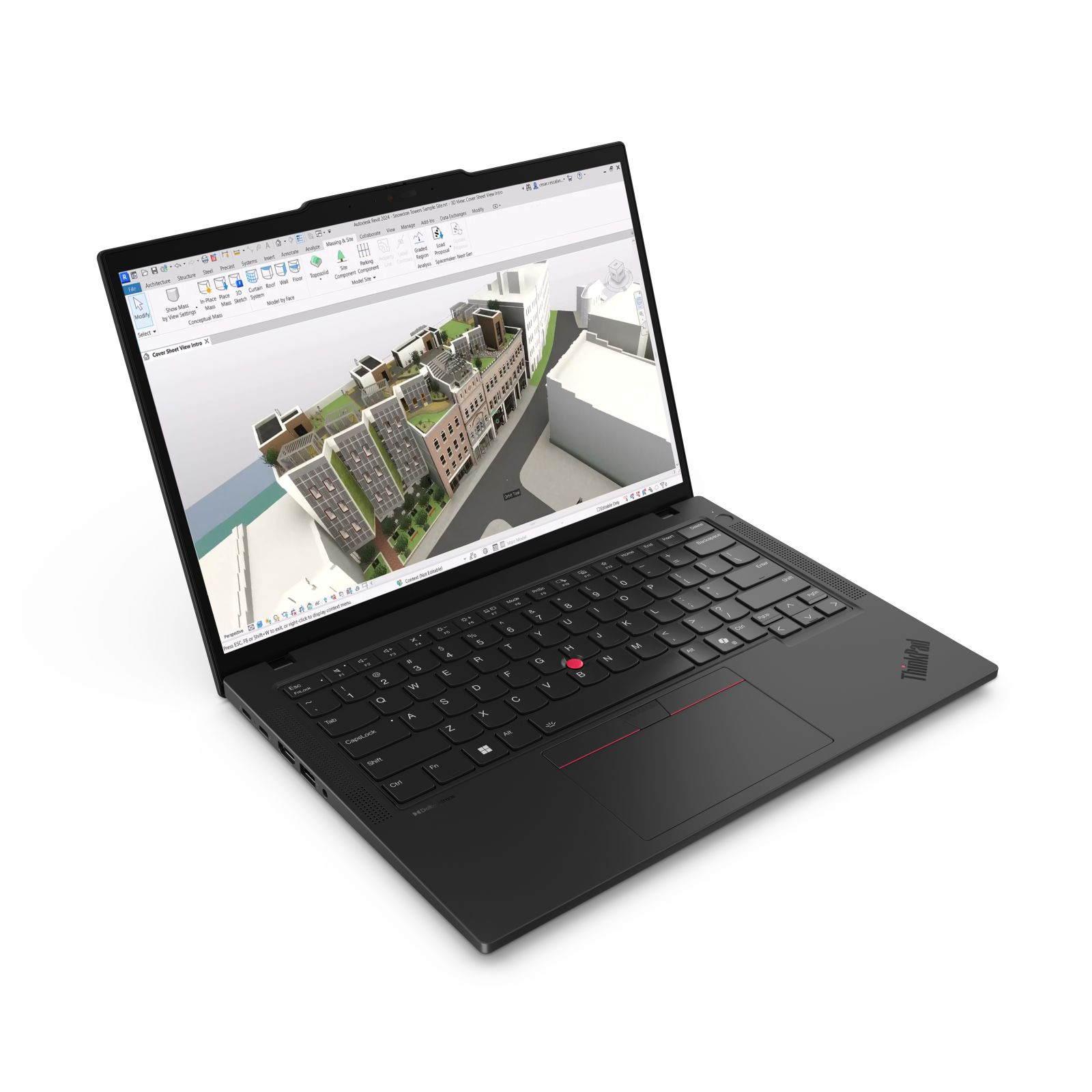 Czarny laptop wyświetla model architektoniczny 3D. Klawiatura na pierwszym planie, widoczne logo ThinkPad.