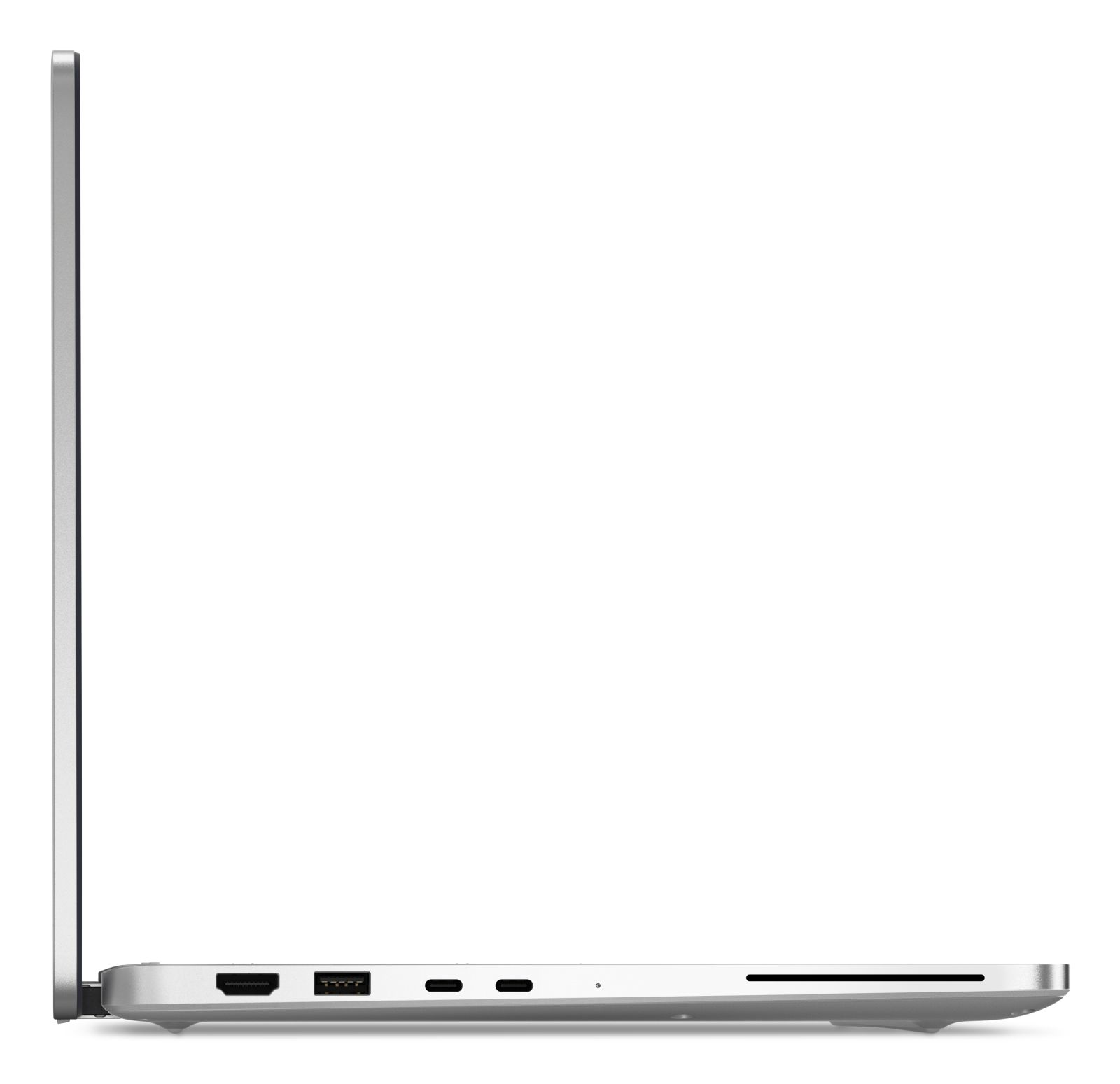 Widok z boku srebrnego laptopa. Pokazuje profil boczny z portami i srebrną krawędzią.