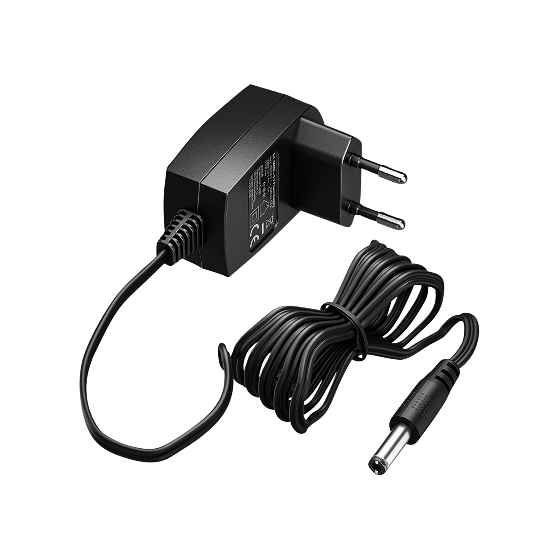 Czarny zasilacz sieciowy z wtyczką i złączem DC. Przewód zasilający jest zwinięty.