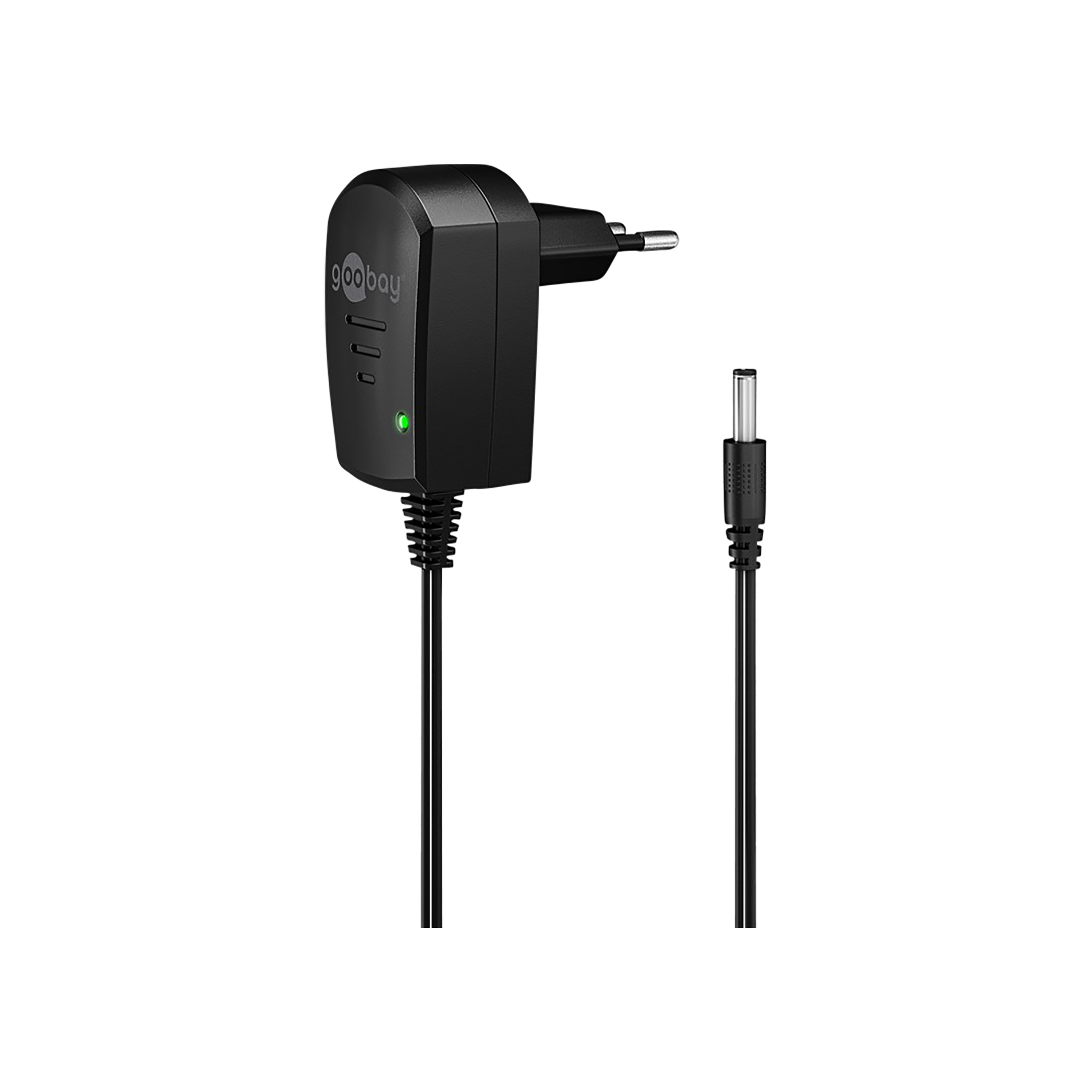 Czarny zasilacz goobay z wtyczką po lewej i kablem po prawej stronie. Ma zielone światło.