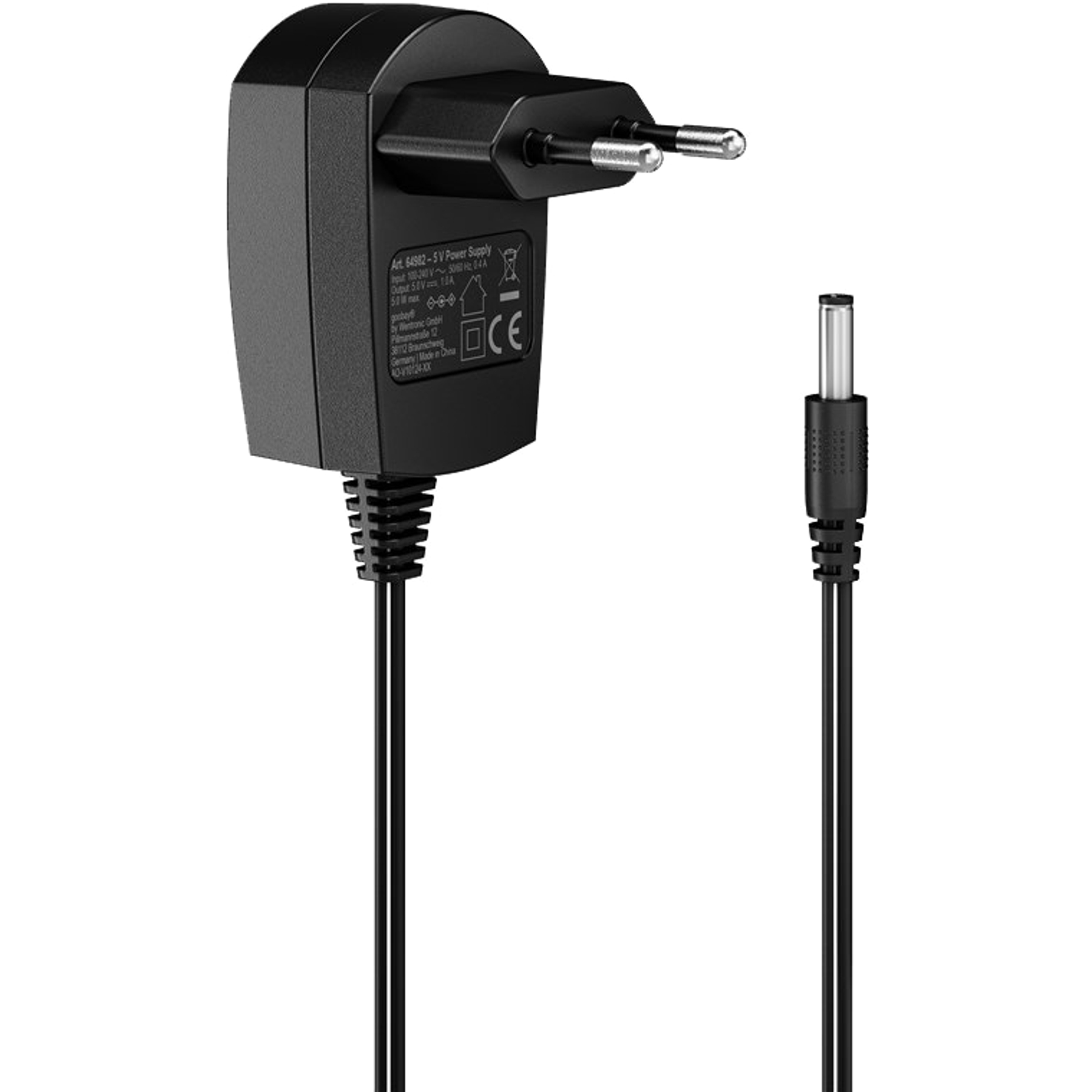 Czarny zasilacz z wtyczką i kablem. Wtyczka po lewej, kabel po prawej.