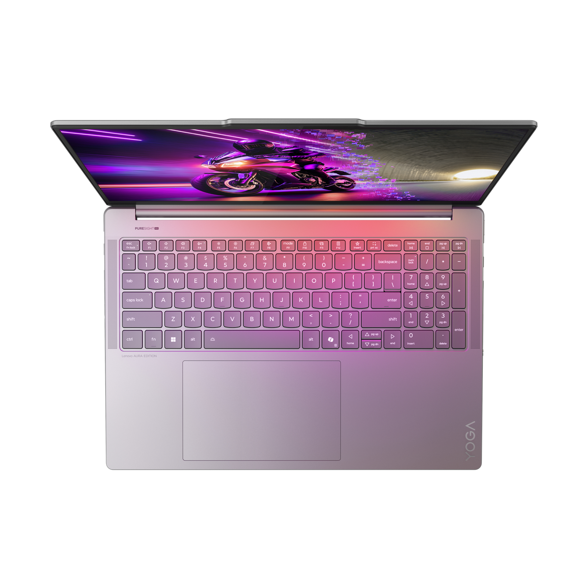 Ein lila Laptop mit geöffnetem Bildschirm, der ein Motorrad zeigt. Tastatur sichtbar mit dem Wort YOGA rechts.