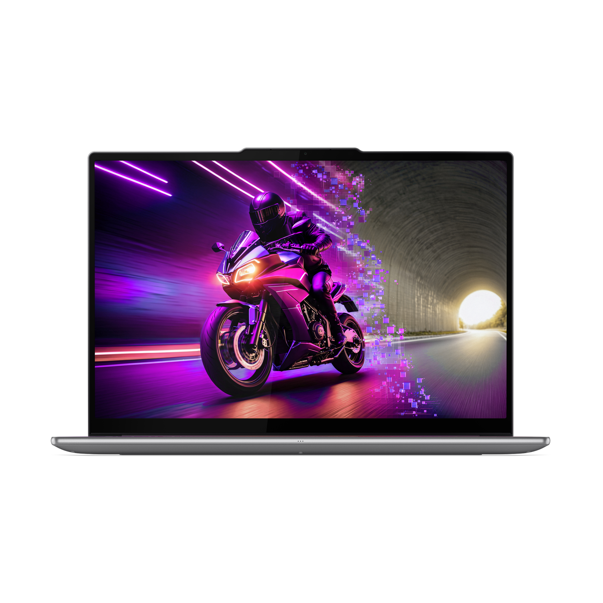 Ein Laptop zeigt ein Motorrad, das durch einen Tunnel rast. Die Szene wird von lila und rosa Neonlichtern beleuchtet.