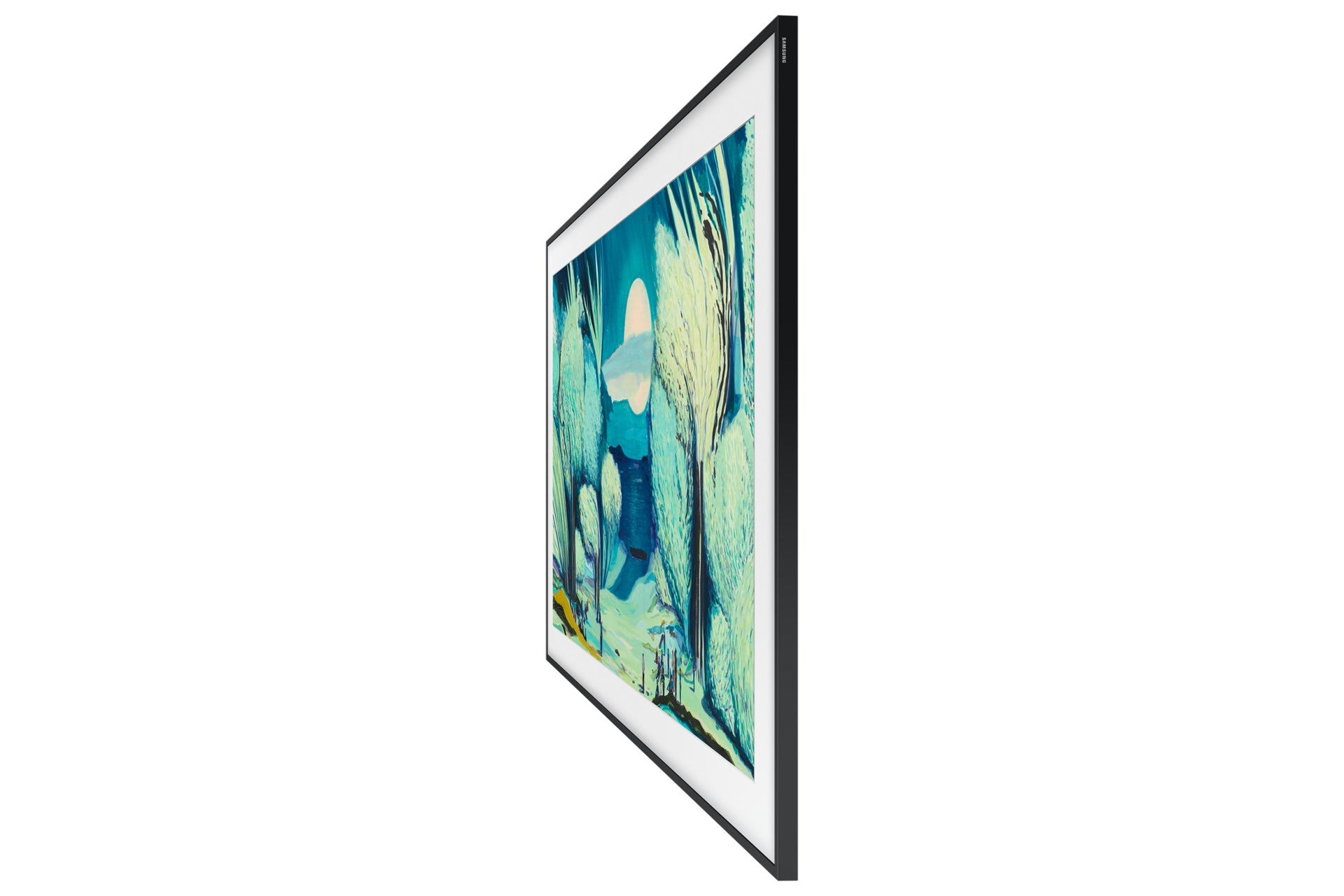 A black framed TV displays a painting of a forest with tall trees. The painting has shades of blue, green and yellow.