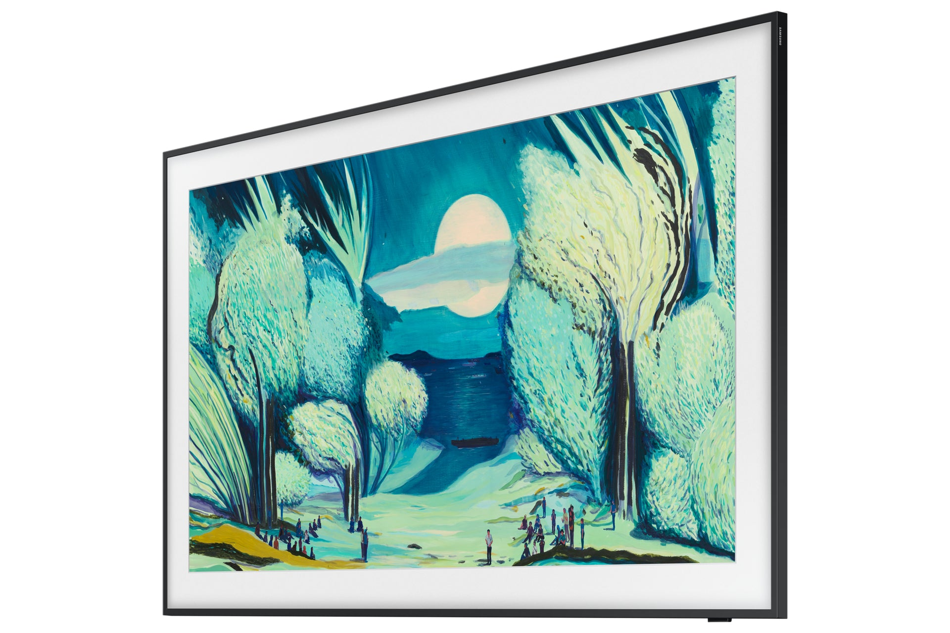 Painting of a moonlit forest with tall trees and figures near the water. The sky is dark blue with a large, bright moon.