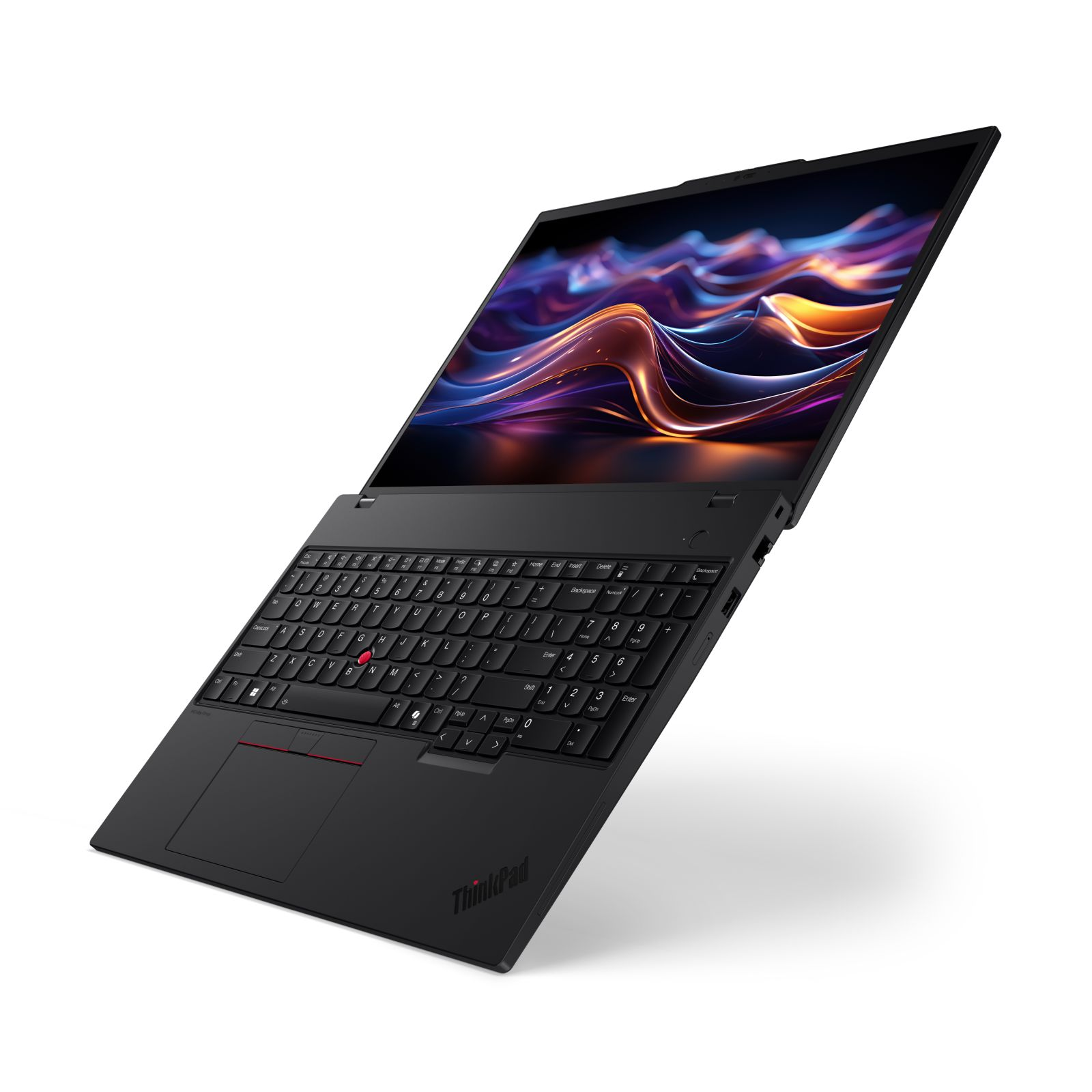 Schwarzer ThinkPad-Laptop, geöffnet, angewinkelt. Tastatur mit rotem Trackpoint sichtbar. Bildschirm mit abstraktem Design.