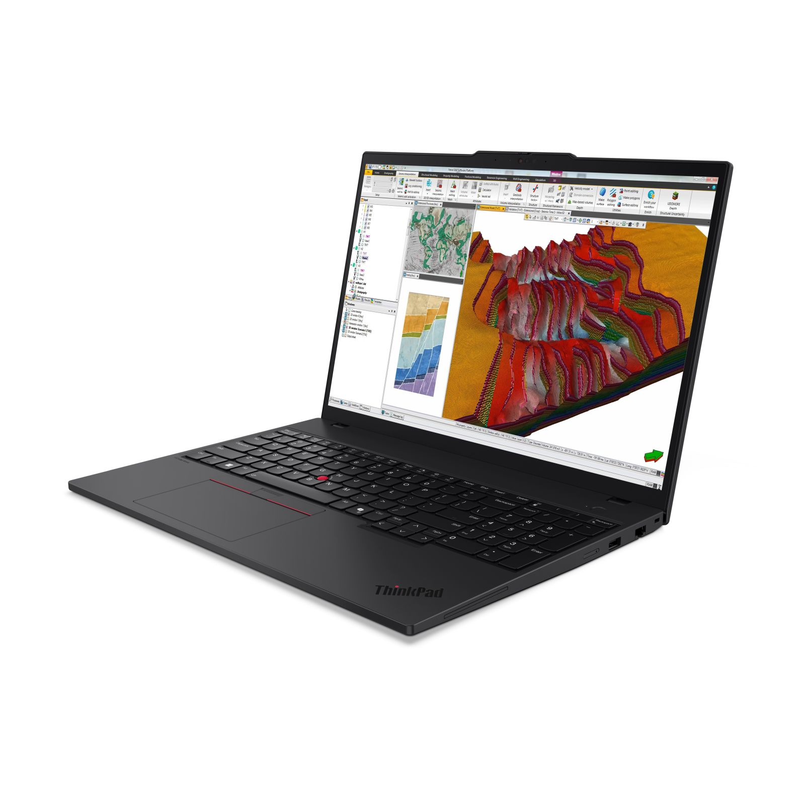 Schwarzer ThinkPad-Laptop mit Software, die eine 3D-topografische Karte auf dem Bildschirm anzeigt, vor weißem Hintergrund.