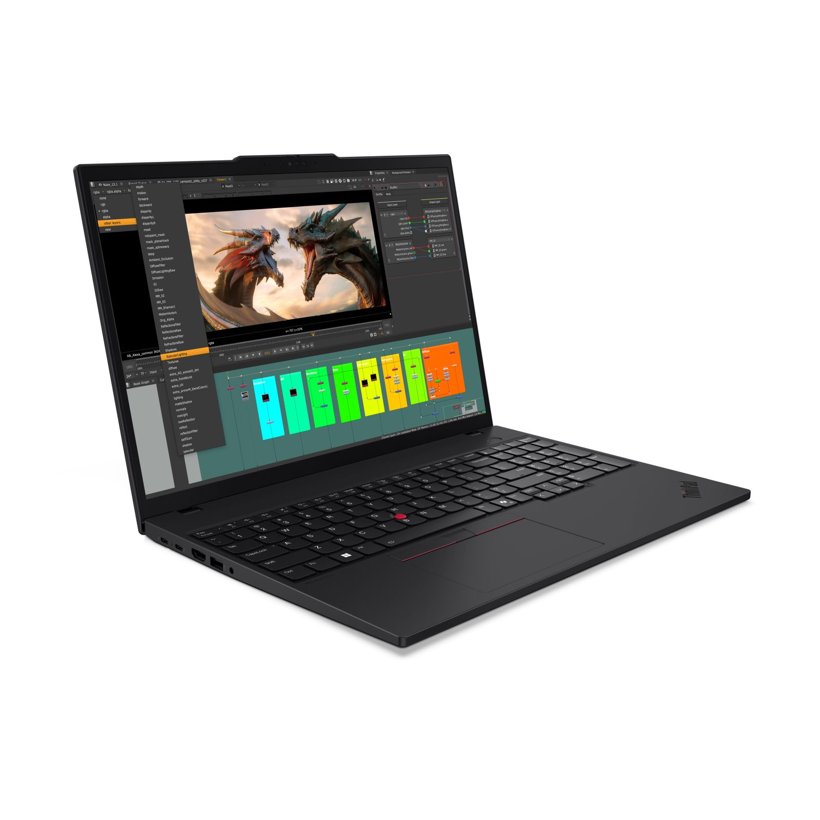 Schwarzer Laptop mit Drachenszene auf dem Bildschirm. Tastatur und Software-Oberfläche sind sichtbar.