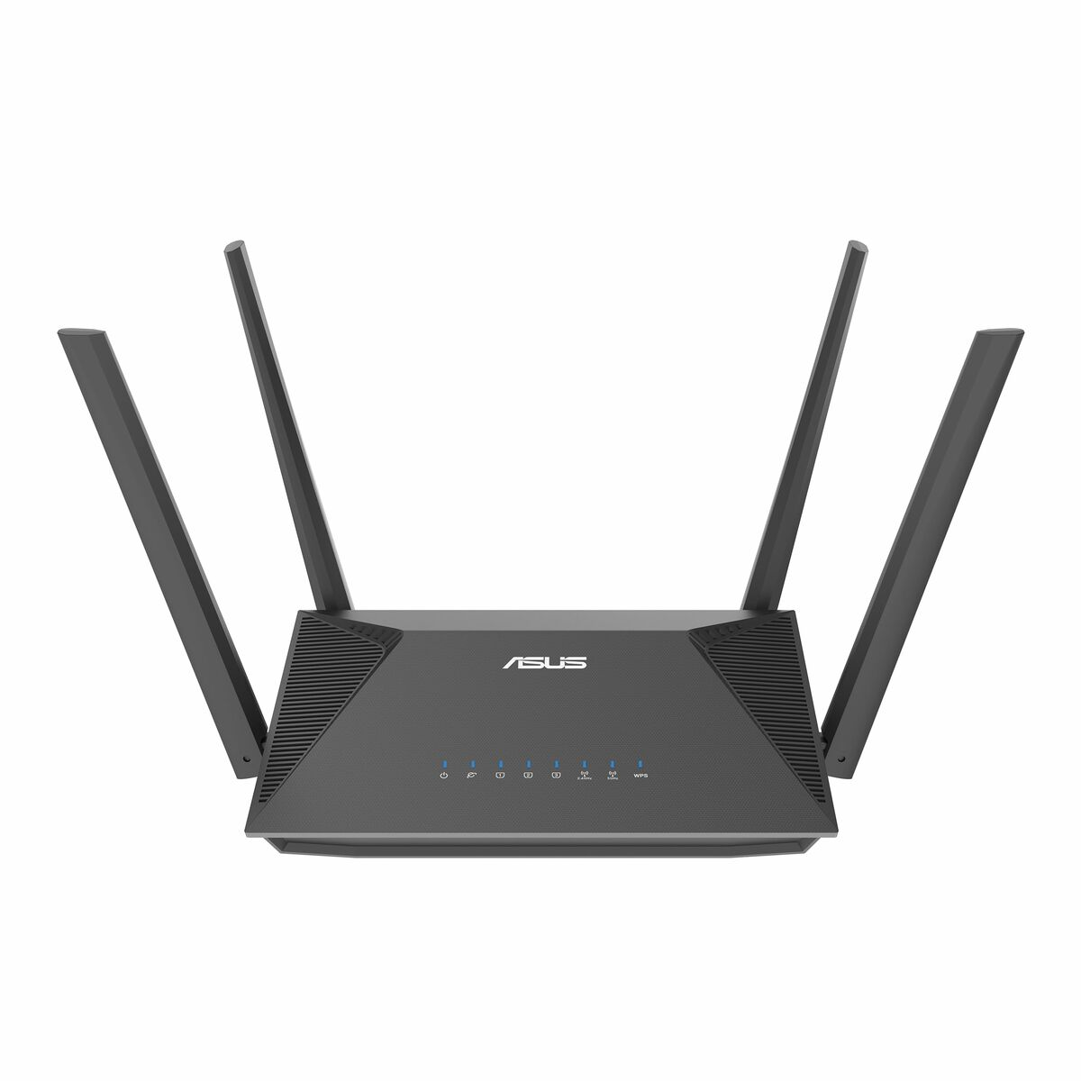 Czarny router ASUS z czterema antenami. Router ma kontrolki i logo ASUS. Białe tło.