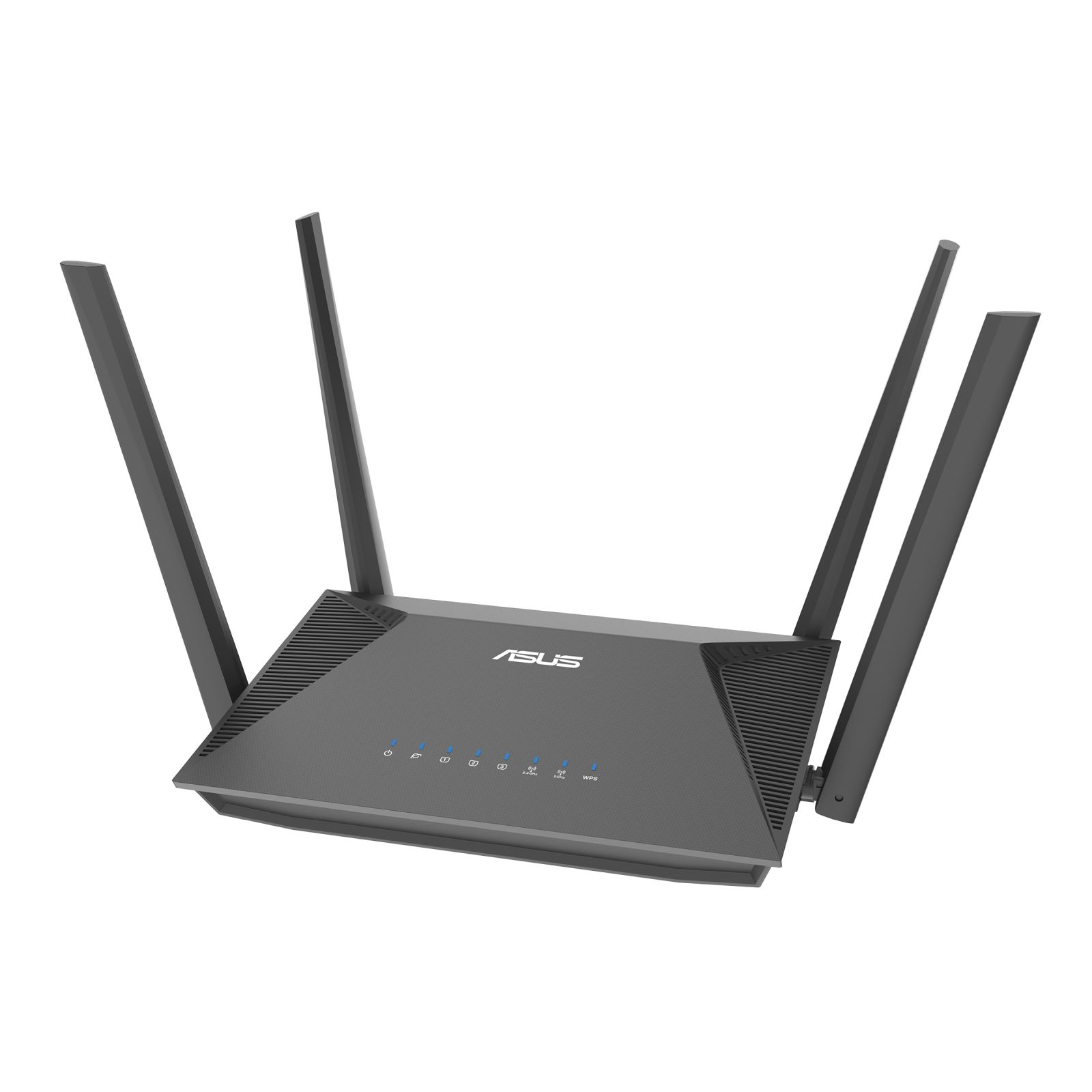 Czarny router ASUS z czterema antenami na białym tle. Ma kilka niebieskich lampek kontrolnych.