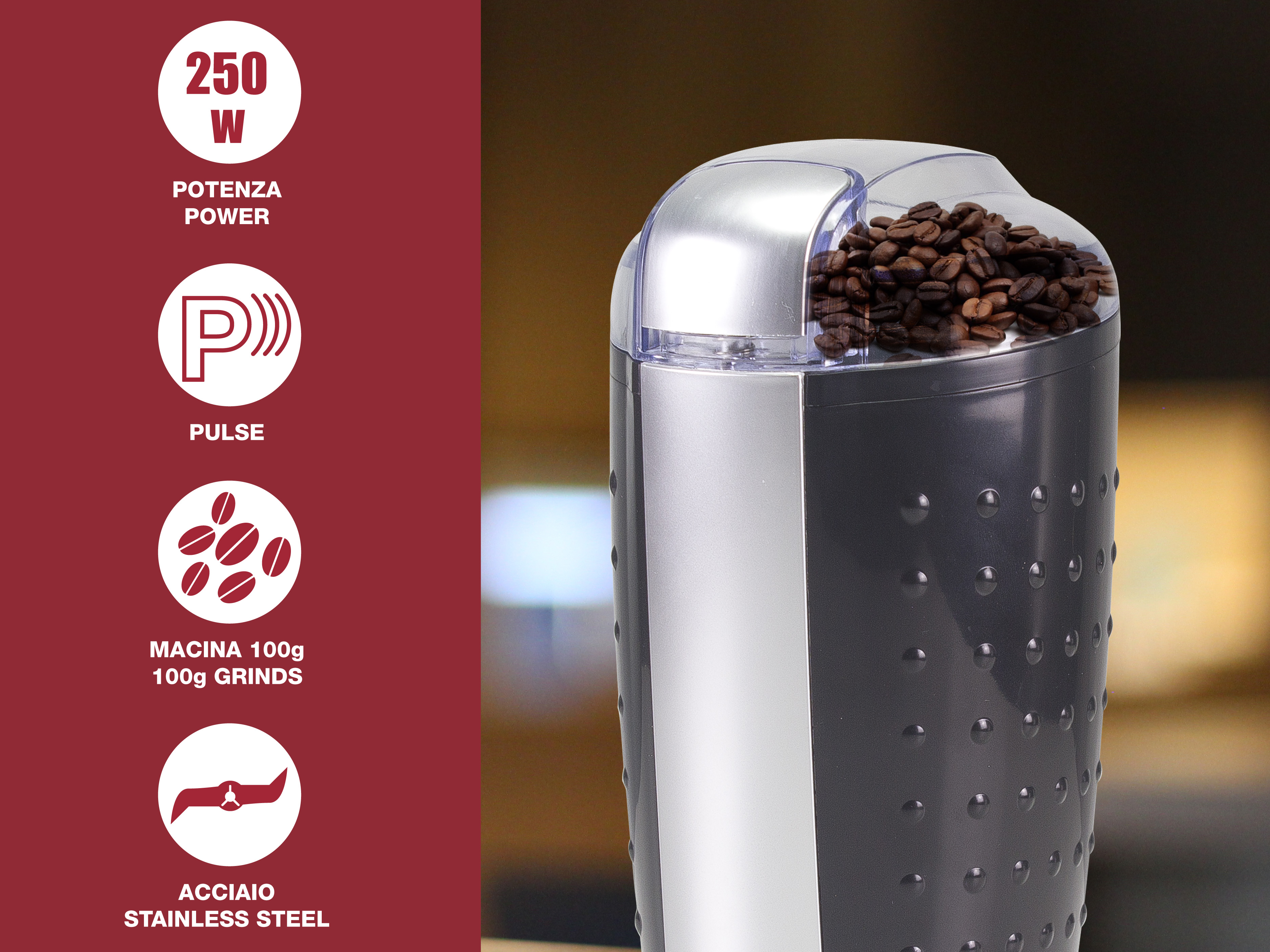 Młynek do kawy z ziarnami kawy w środku. Czerwone tło z białymi ikonami i tekstem opisującym jego funkcje.