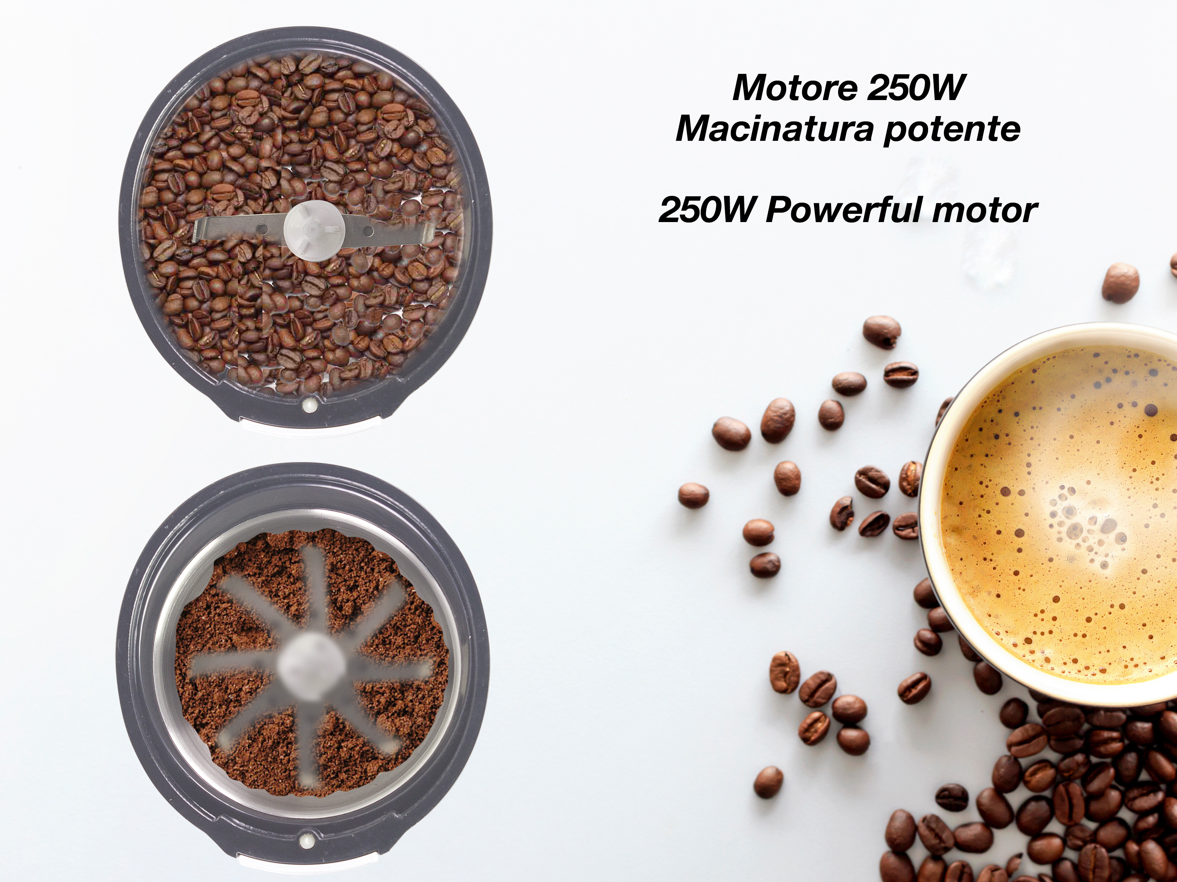 Młynek do kawy z ziarnami i mieloną kawą. Filiżanka kawy z pianką i ziarnami kawy na białej powierzchni.