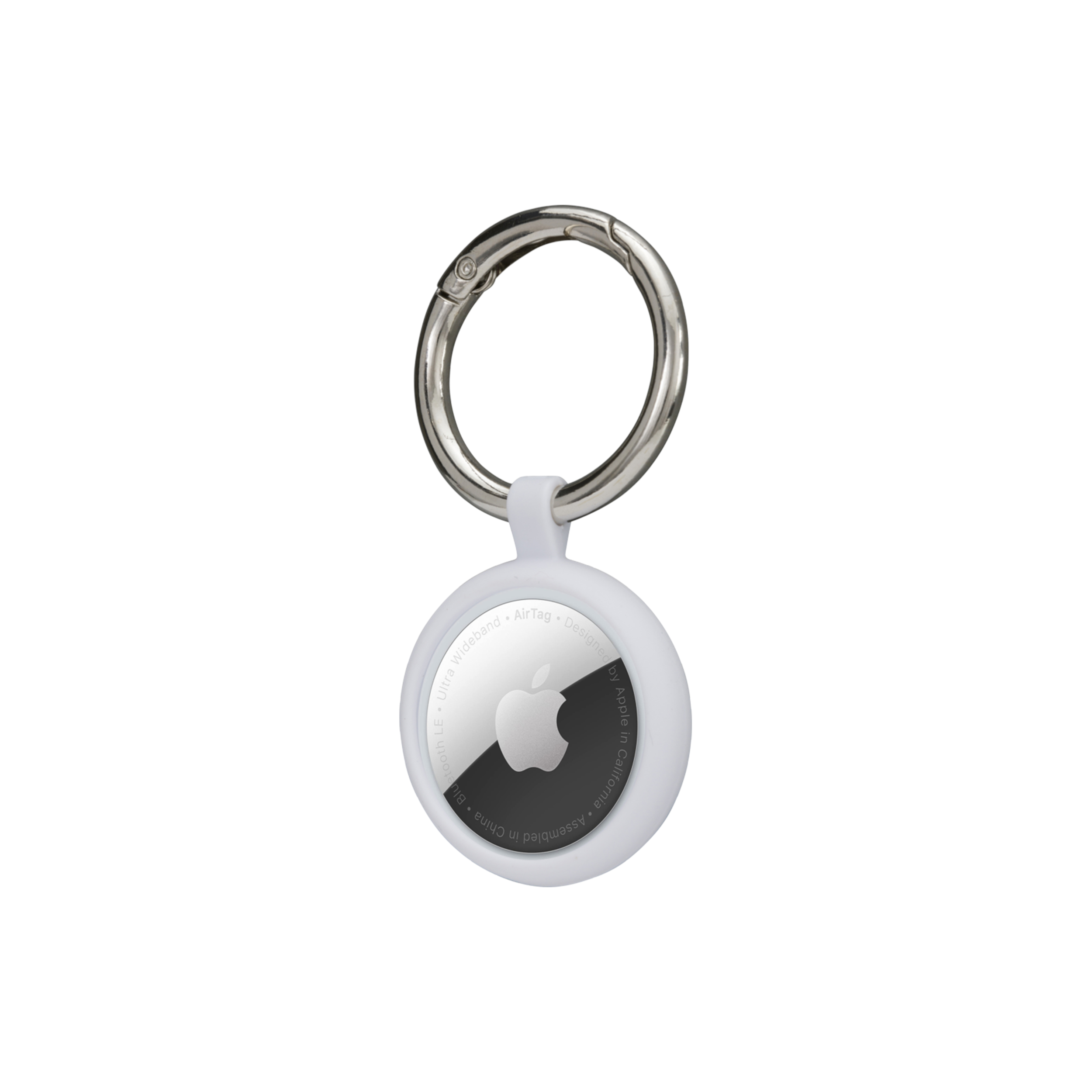 Apple AirTag bianco con portachiavi argentato. L'AirTag ha il logo Apple argentato e il fondo nero.