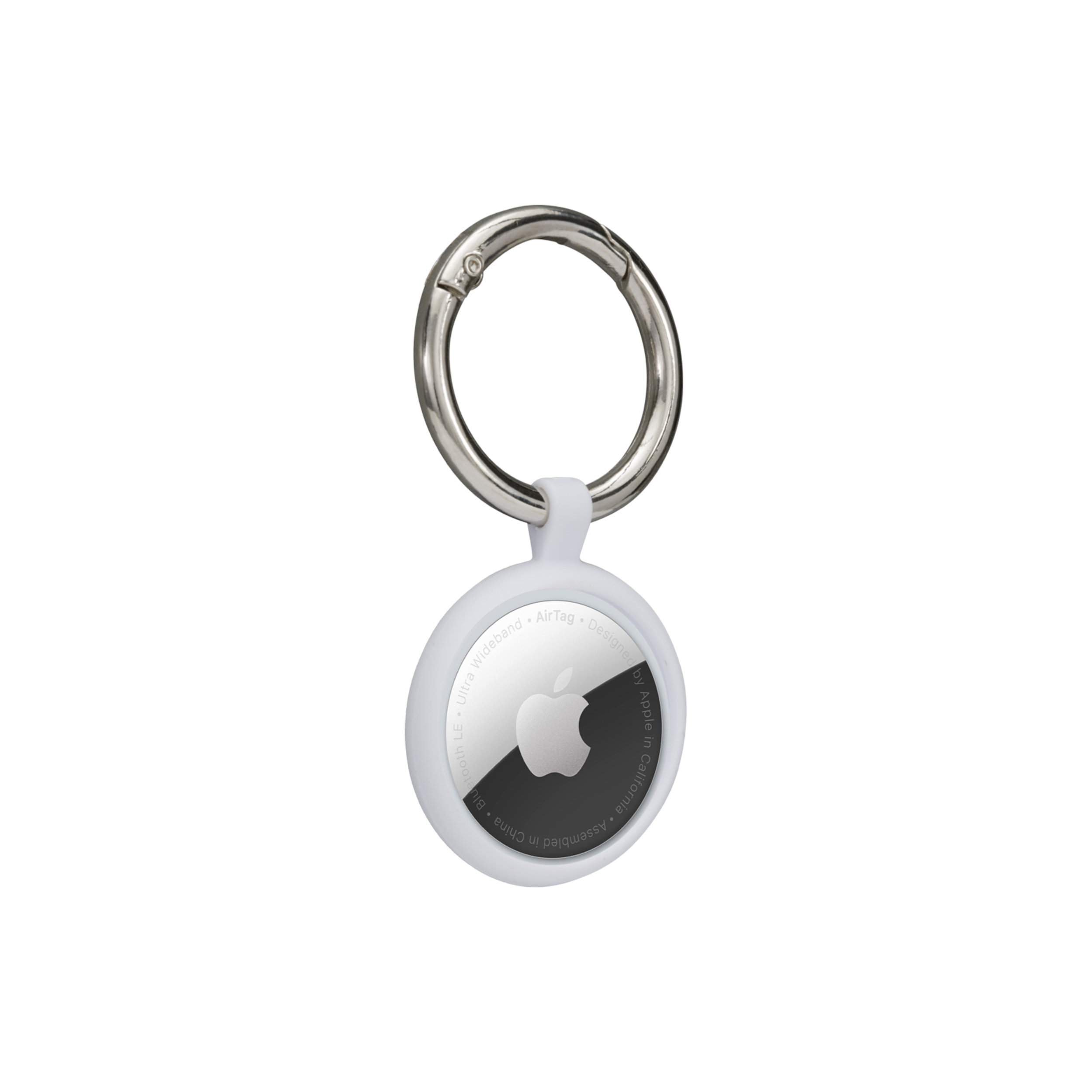 Un AirTag Apple con moschettone argentato, corpo bianco e logo Apple. Su sfondo bianco.