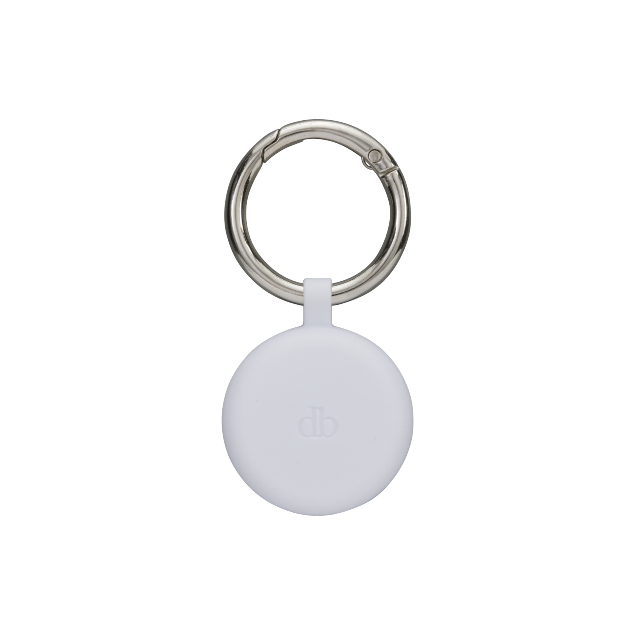 Un porta AirTag bianco e rotondo con un portachiavi argentato. L'AirTag ha un piccolo logo 'db'. Sfondo bianco.